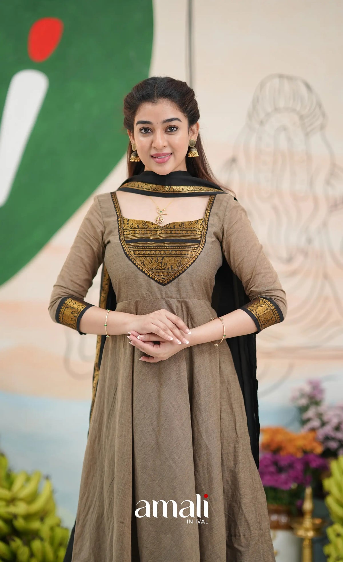 Elephant grey and Black Chettinad Cotton Anarkali - Anarkalis