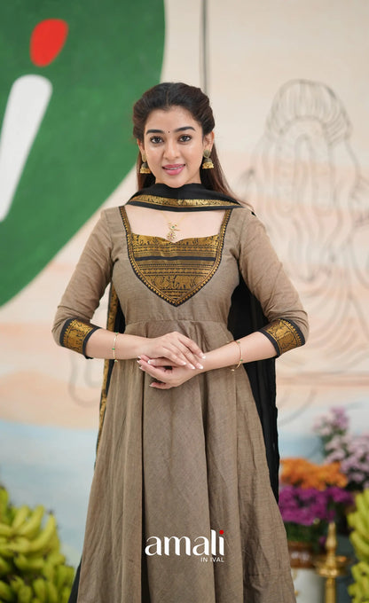 Elephant grey and Black Chettinad Cotton Anarkali - Anarkalis