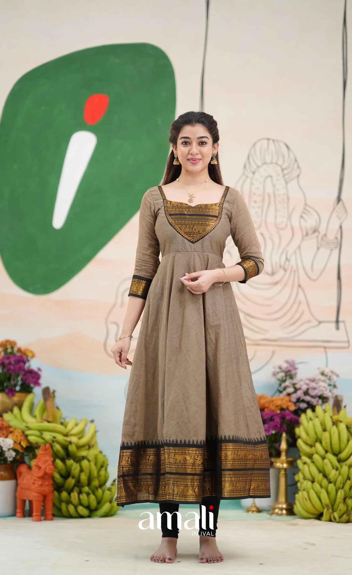 Elephant grey and Black Chettinad Cotton Anarkali - Anarkalis