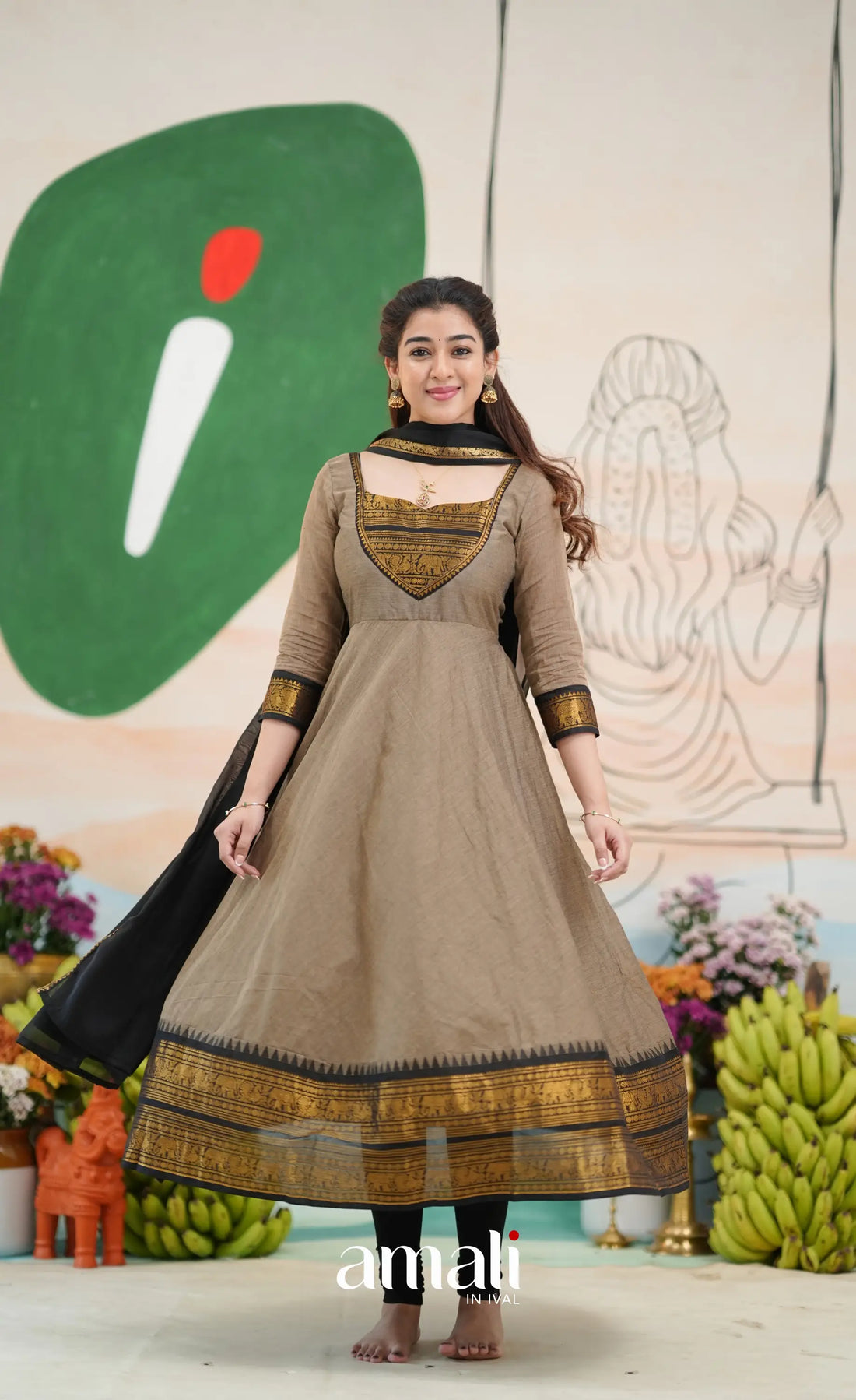 Elephant grey and Black Chettinad Cotton Anarkali - Anarkalis