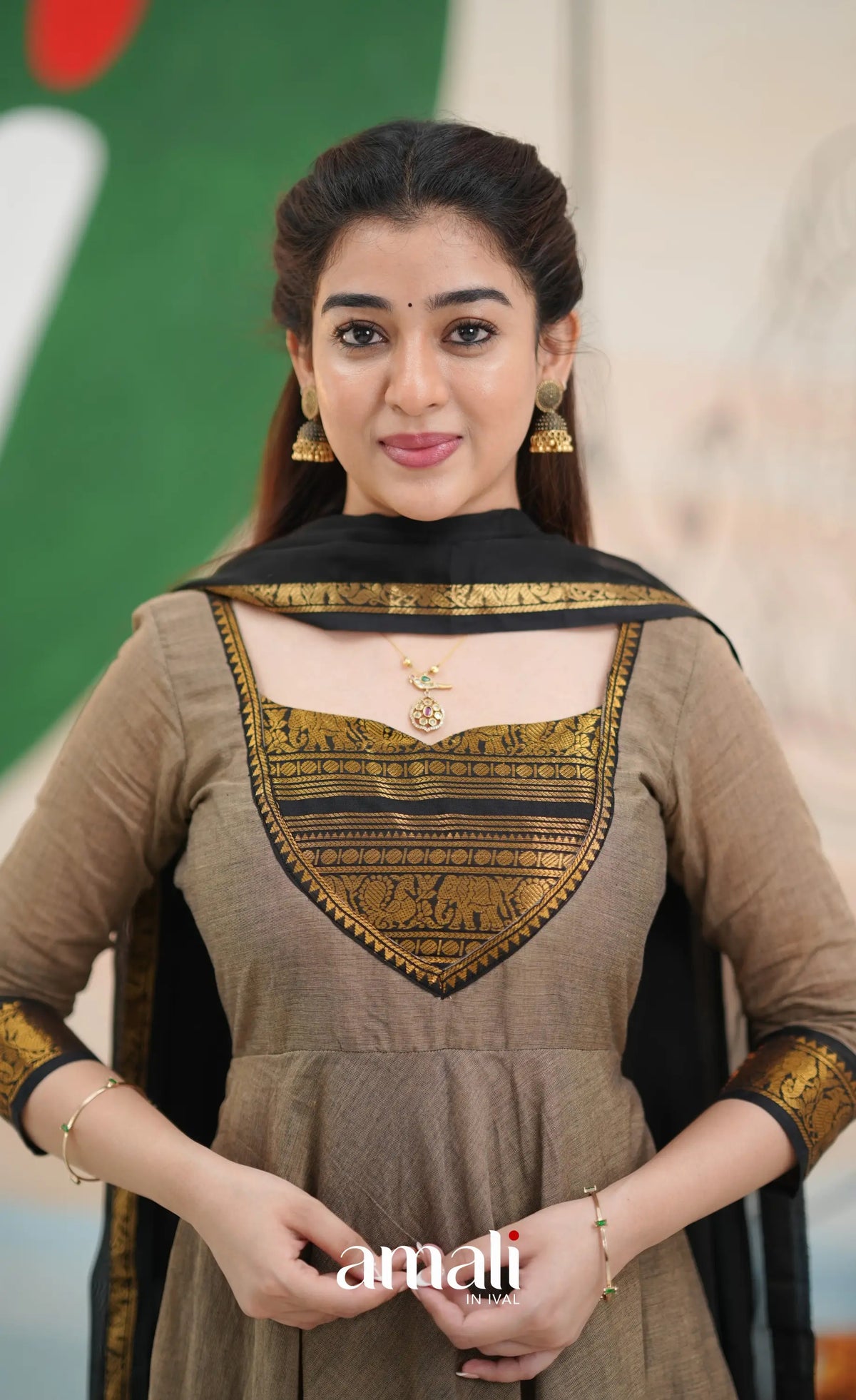 Elephant grey and Black Chettinad Cotton Anarkali - Anarkalis