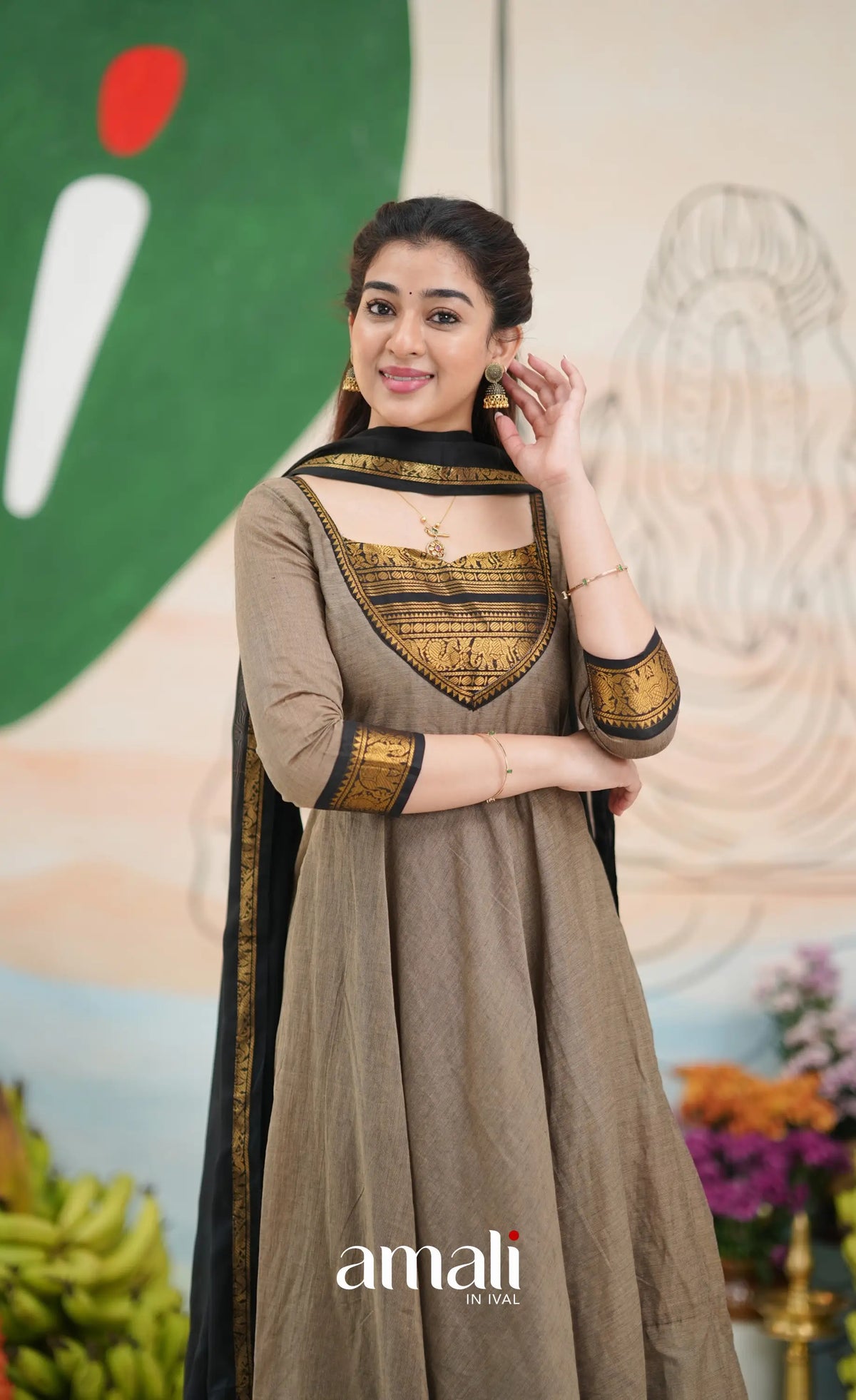 Elephant grey and Black Chettinad Cotton Anarkali - Anarkalis