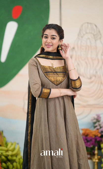 Elephant grey and Black Chettinad Cotton Anarkali - Anarkalis