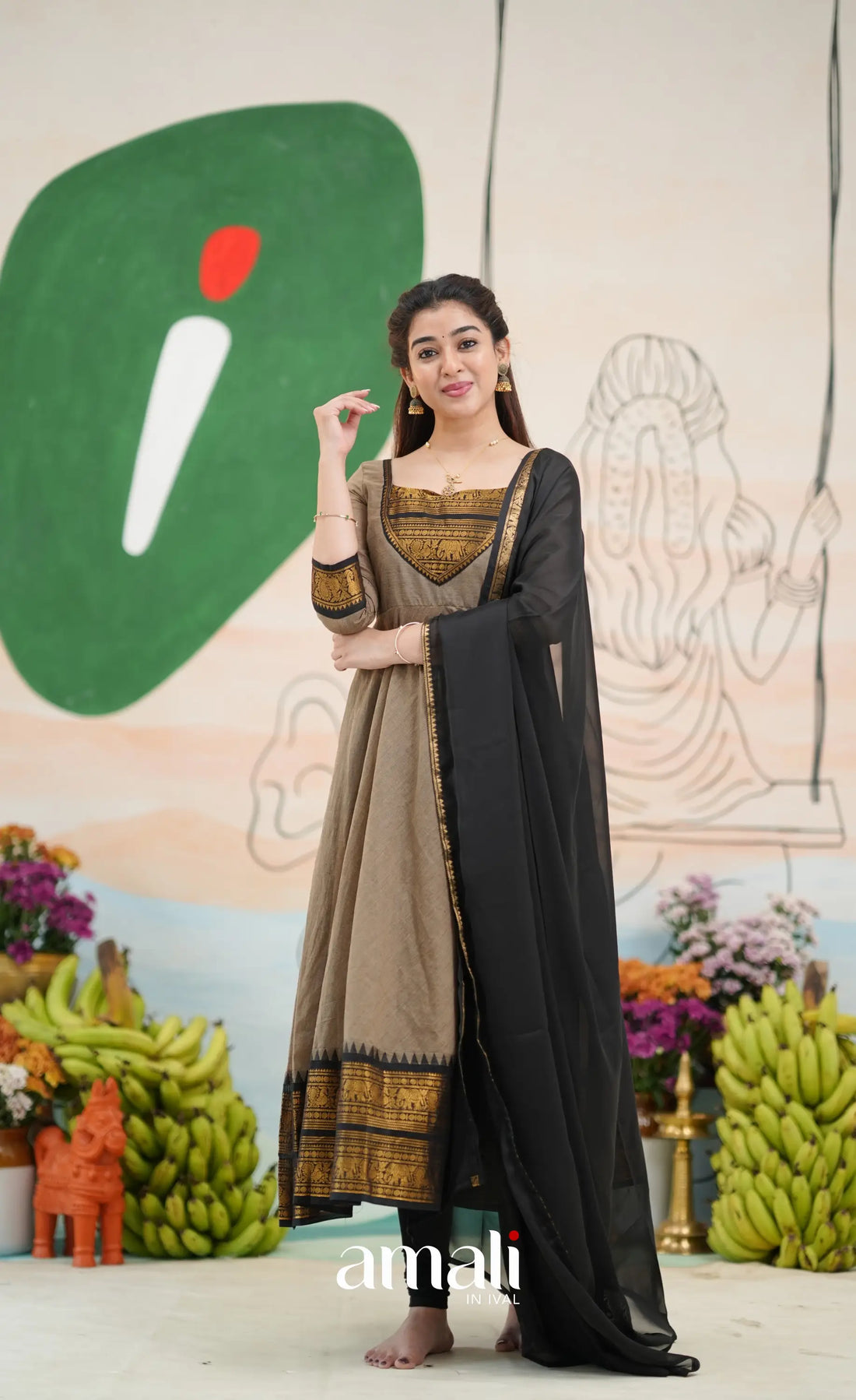 Elephant grey and Black Chettinad Cotton Anarkali - Anarkalis