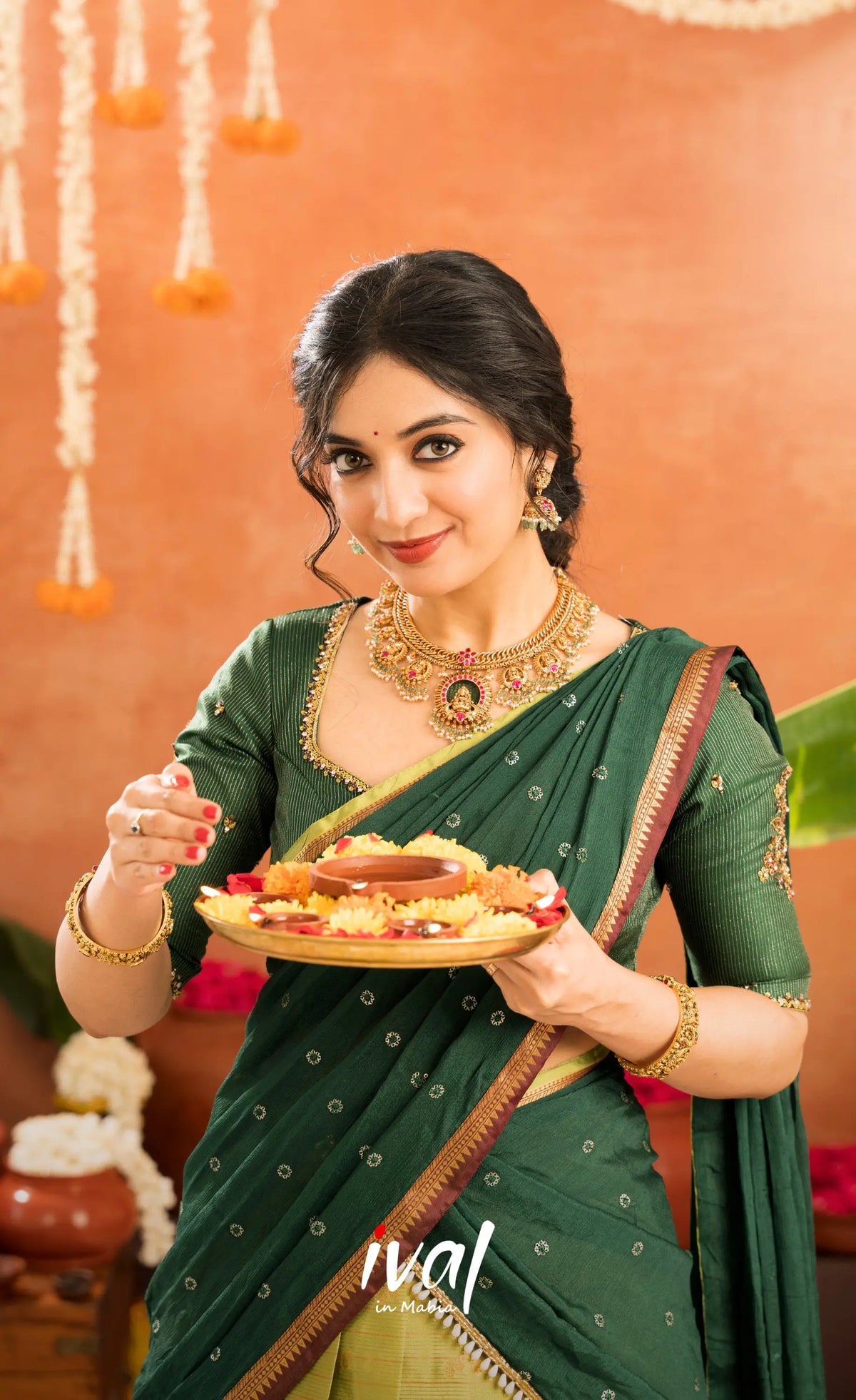 Emerald Organza Halfsaree - Light green and Bottle green - Half Sarees