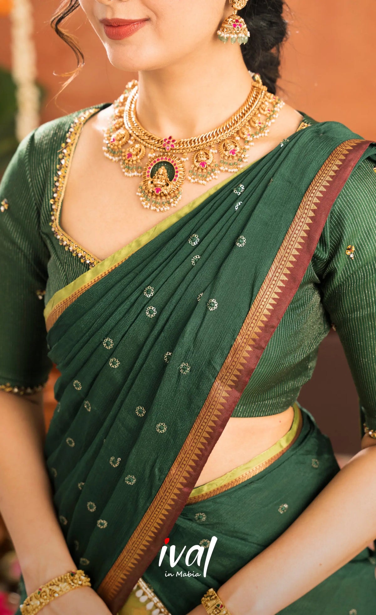 Emerald Organza Halfsaree - Light green and Bottle green - Half Sarees