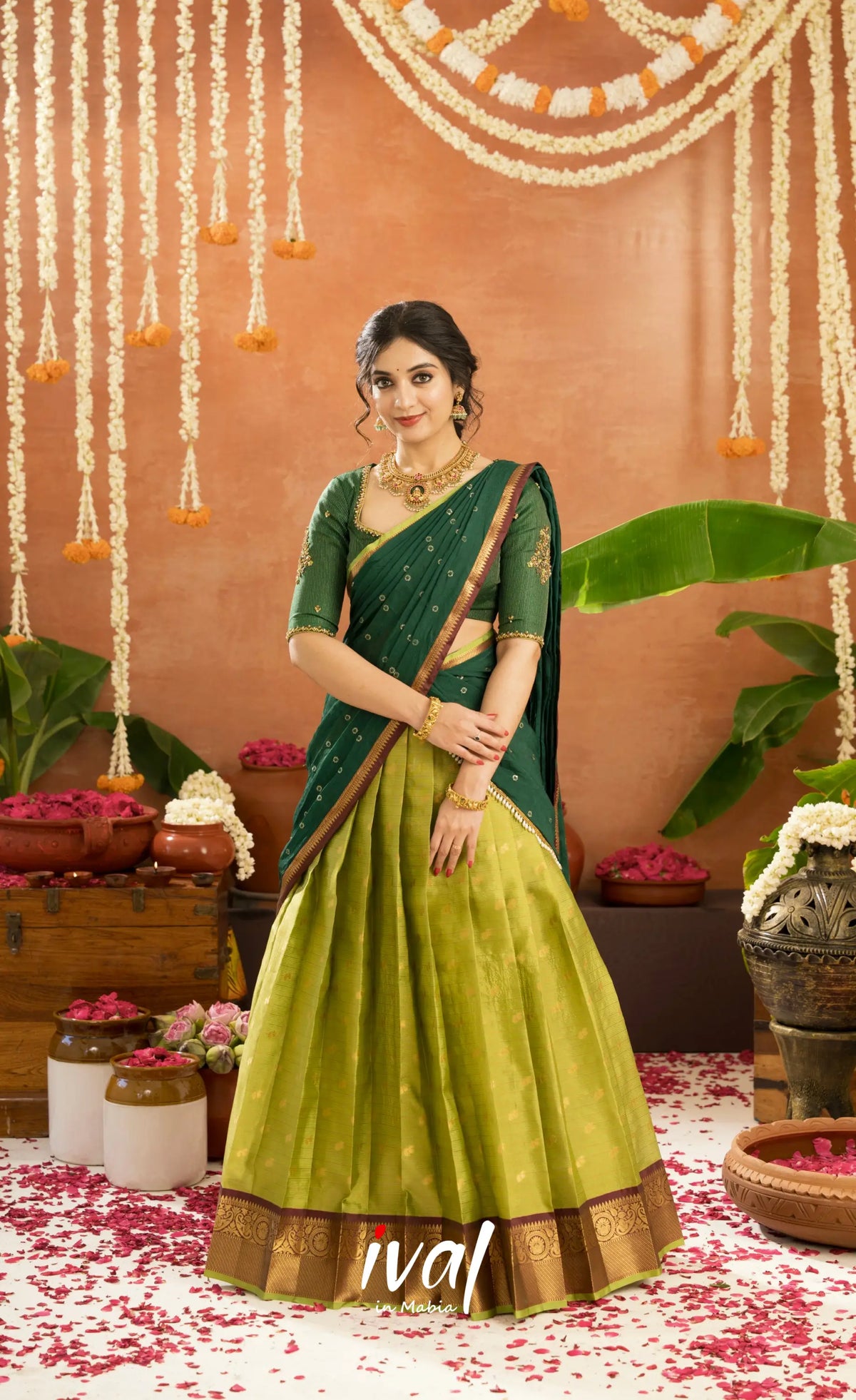 Emerald Organza Halfsaree - Light green and Bottle green - Half Sarees
