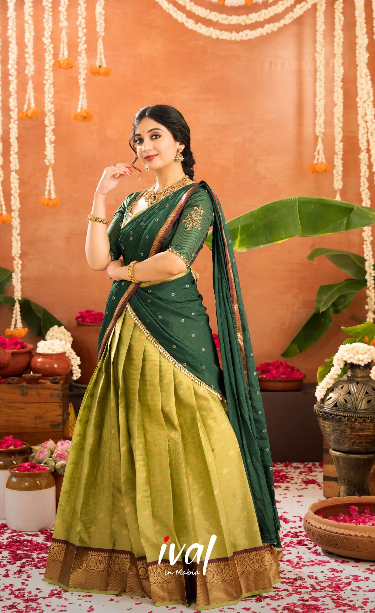 Emerald Organza Halfsaree - Light green and Bottle green - Half Sarees