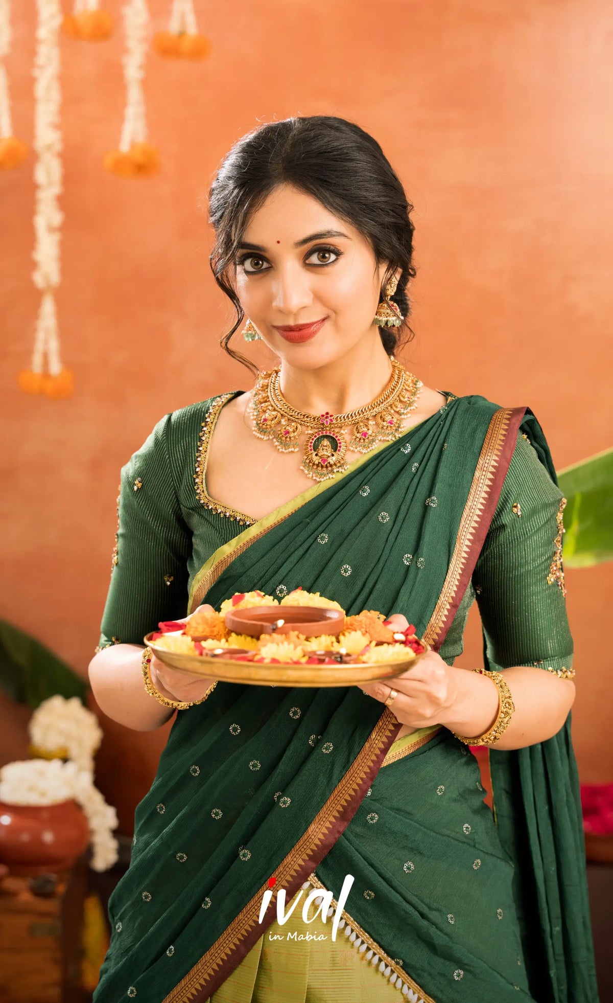 Emerald Organza Halfsaree - Light green and Bottle green - Half Sarees