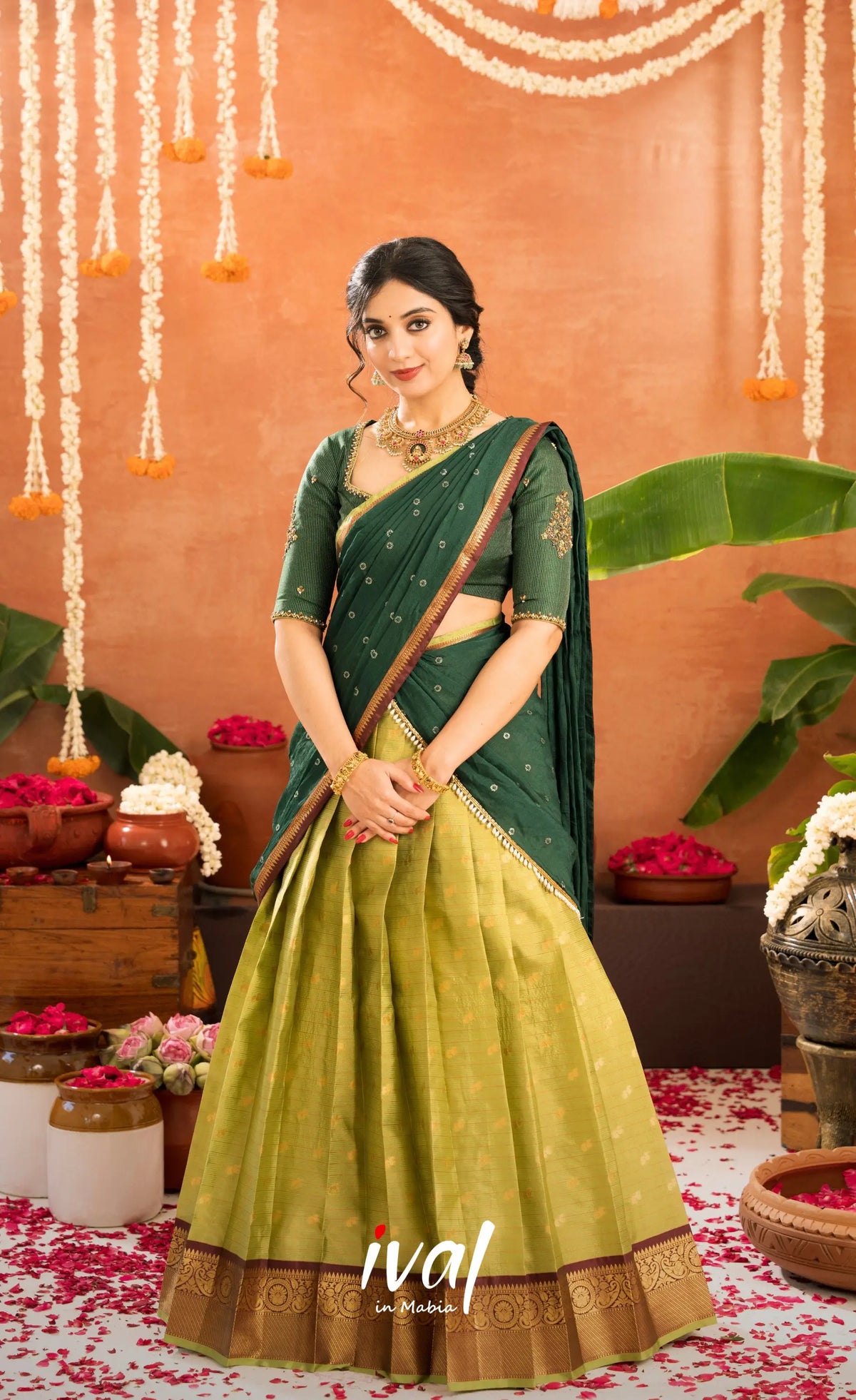 Emerald Organza Halfsaree - Light green and Bottle green - Half Sarees