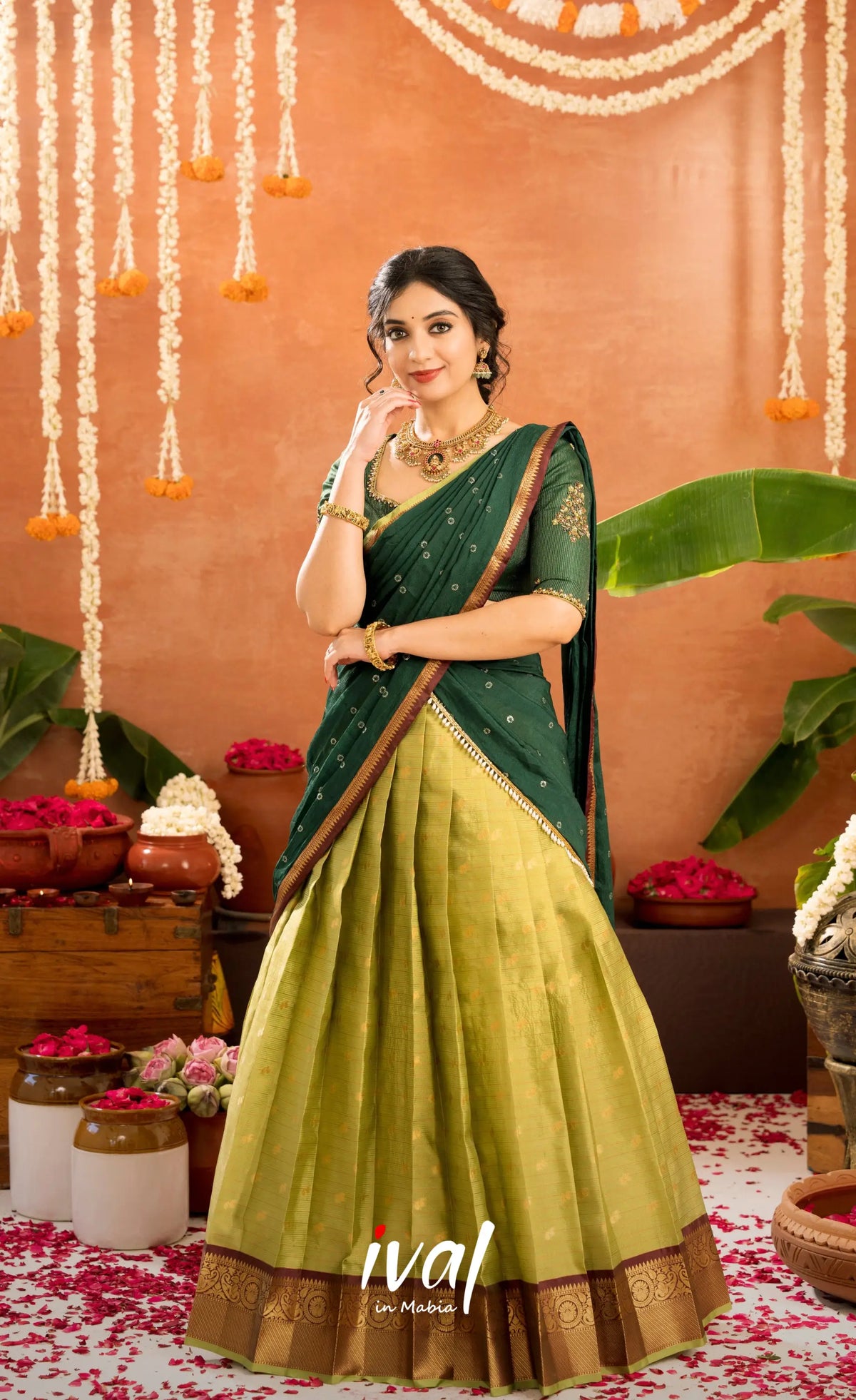 Emerald Organza Halfsaree - Light green and Bottle green - Half Sarees