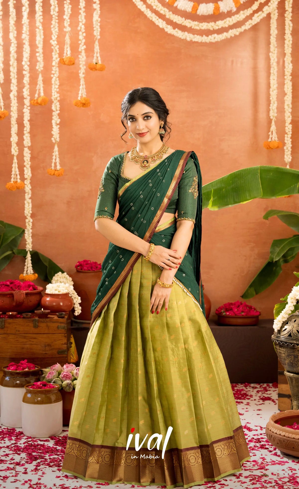 Emerald Organza Halfsaree - Light green and Bottle green - Half Sarees