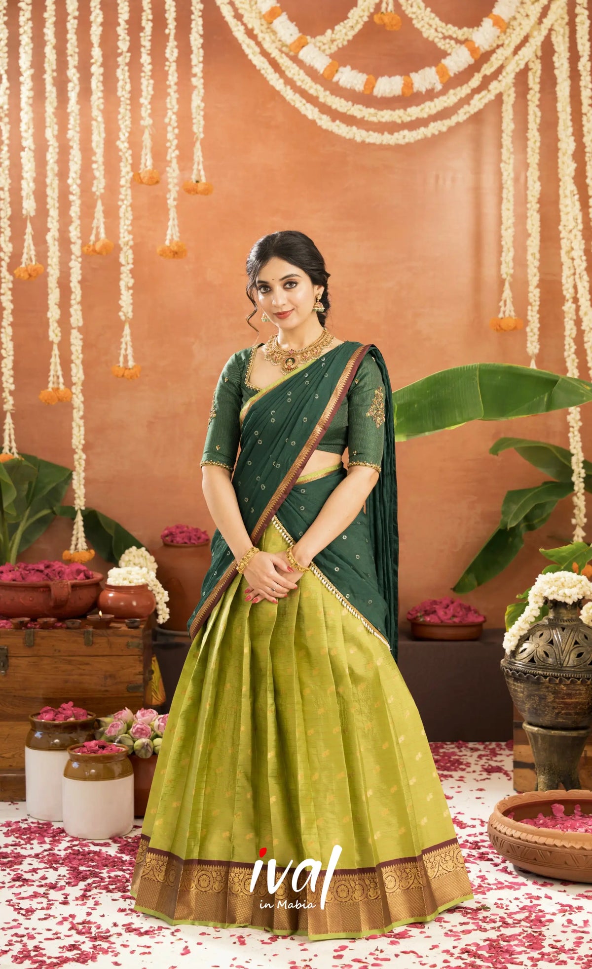 Emerald Organza Halfsaree - Light green and Bottle green - Half Sarees