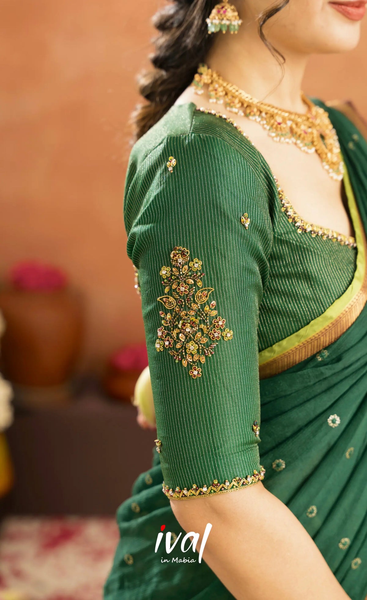 Emerald Organza Halfsaree - Light green and Bottle green - Half Sarees