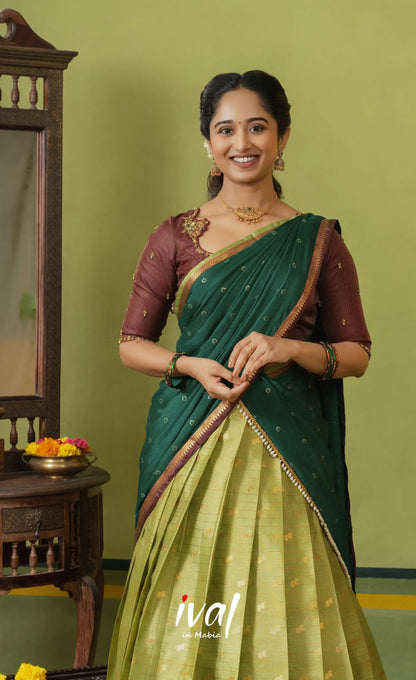 Emerald Organza Halfsaree - Light pista green and Coffee Brownwith Dark green - Half Sarees