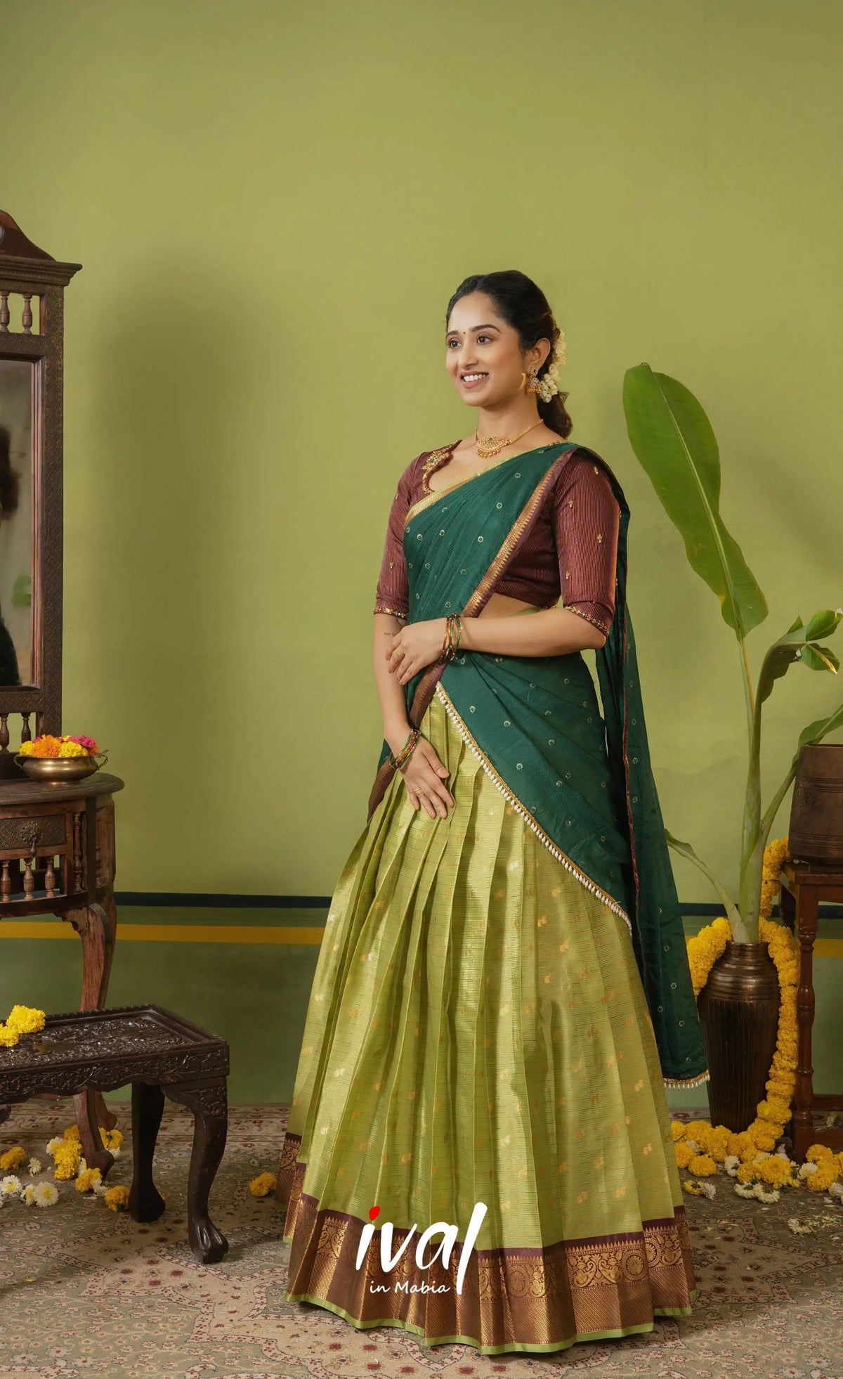 Emerald Organza Halfsaree - Light pista green and Coffee Brownwith Dark green - Half Sarees