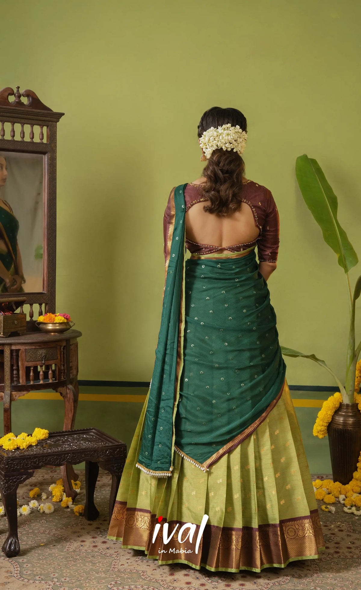 Emerald Organza Halfsaree - Light pista green and Coffee Brownwith Dark green - Half Sarees