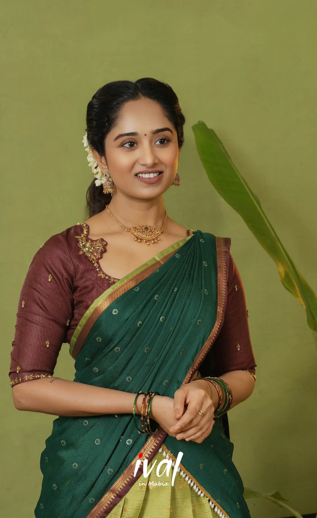 Emerald Organza Halfsaree - Light pista green and Coffee Brownwith Dark green - Half Sarees