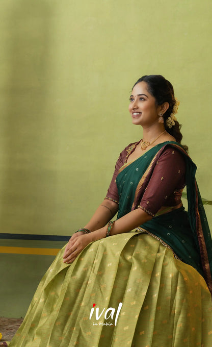 Emerald Organza Halfsaree - Light pista green and Coffee Brownwith Dark green - Half Sarees