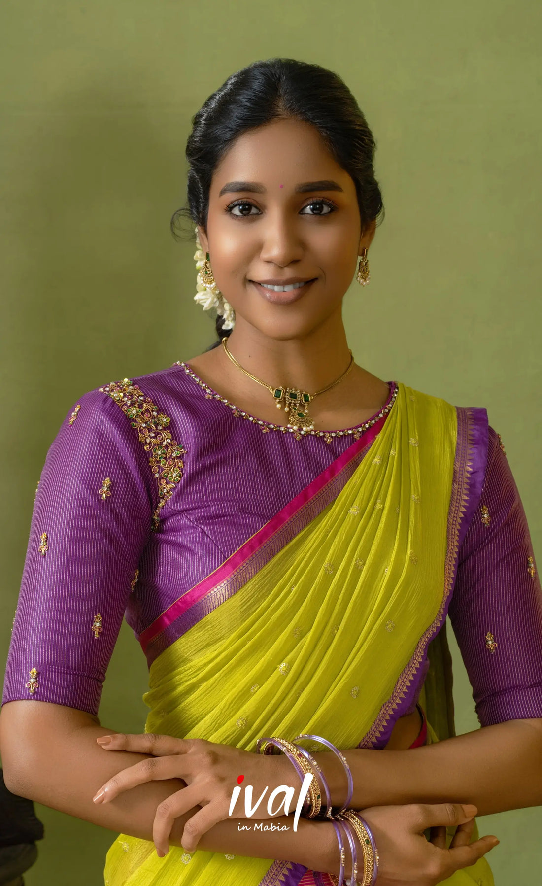 Emerald Organza Halfsaree - Pink with Purple and Leaf green - Half Sarees