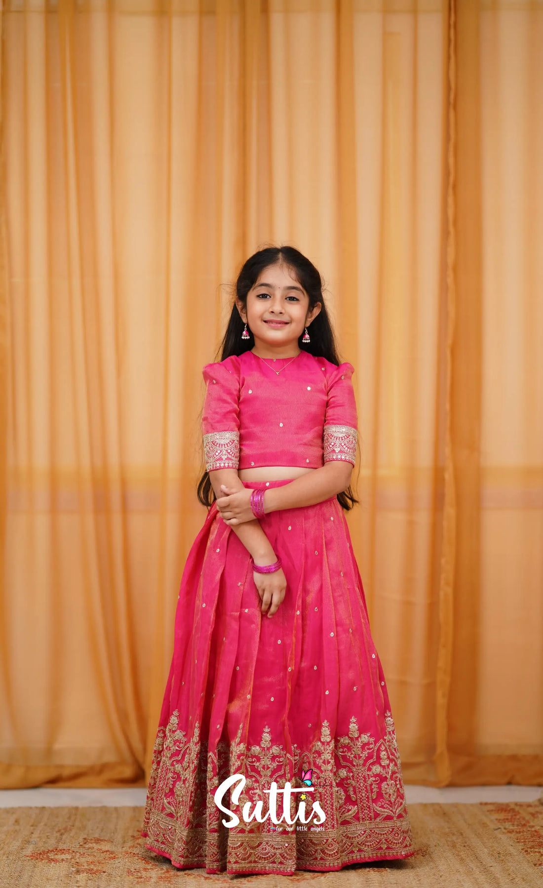 Gaji Silk Croptop & Skirt - Dark Pink Kids-Suttis