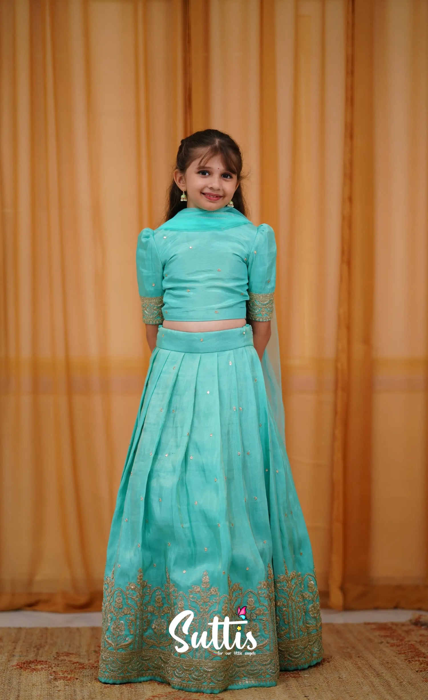 Gaji Silk Croptop &amp; Skirt - Teal Blue Kids-Suttis