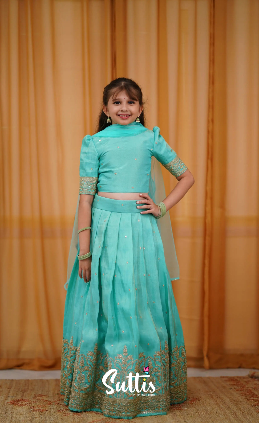 Gaji Silk Croptop &amp; Skirt - Teal Blue Kids-Suttis