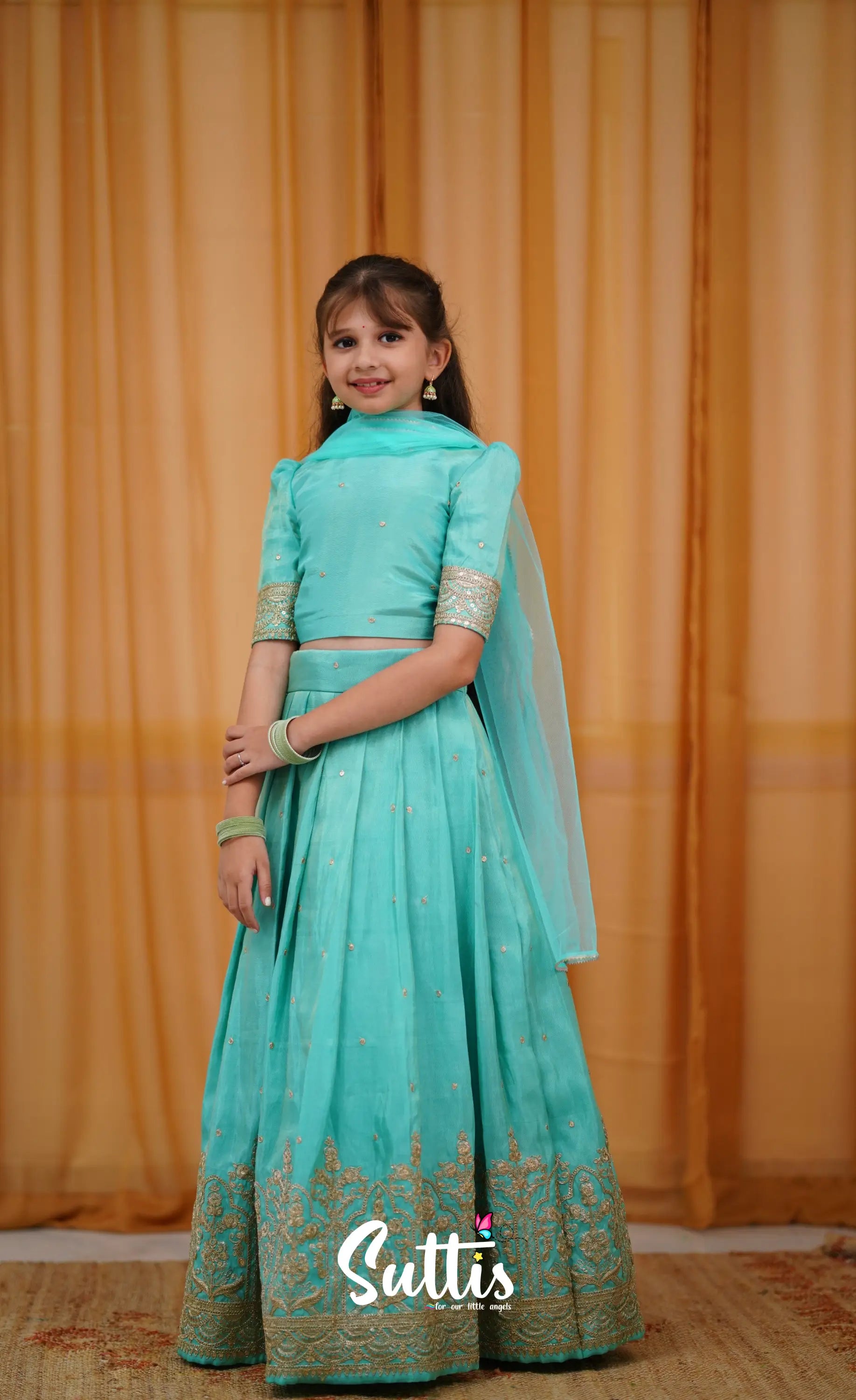 Gaji Silk Croptop &amp; Skirt - Teal Blue Kids-Suttis