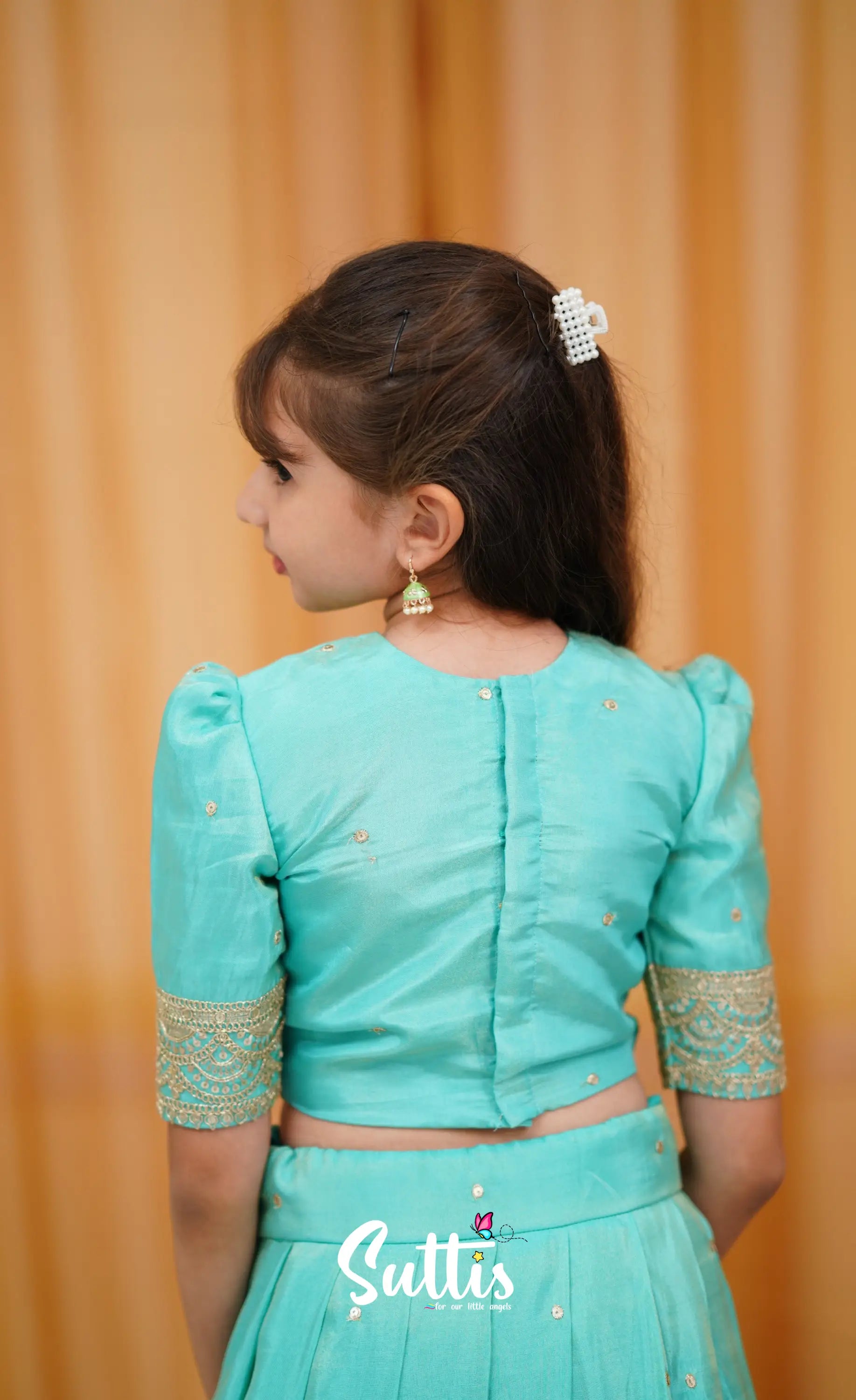 Gaji Silk Croptop &amp; Skirt - Teal Blue Kids-Suttis