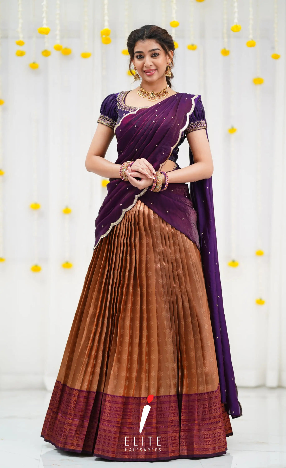 Gold and Dark Purple Blended Silk Designer Halfsaree