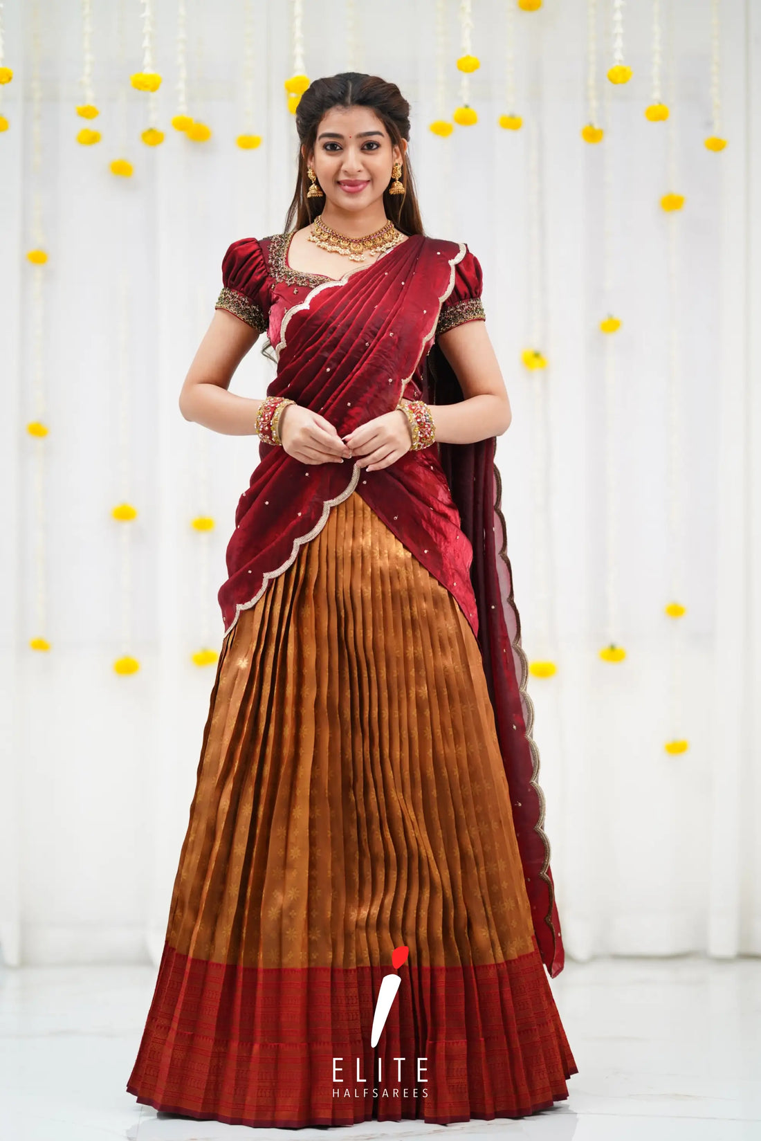 Gold and Reddish Maroon Blended Silk Designer Halfsaree