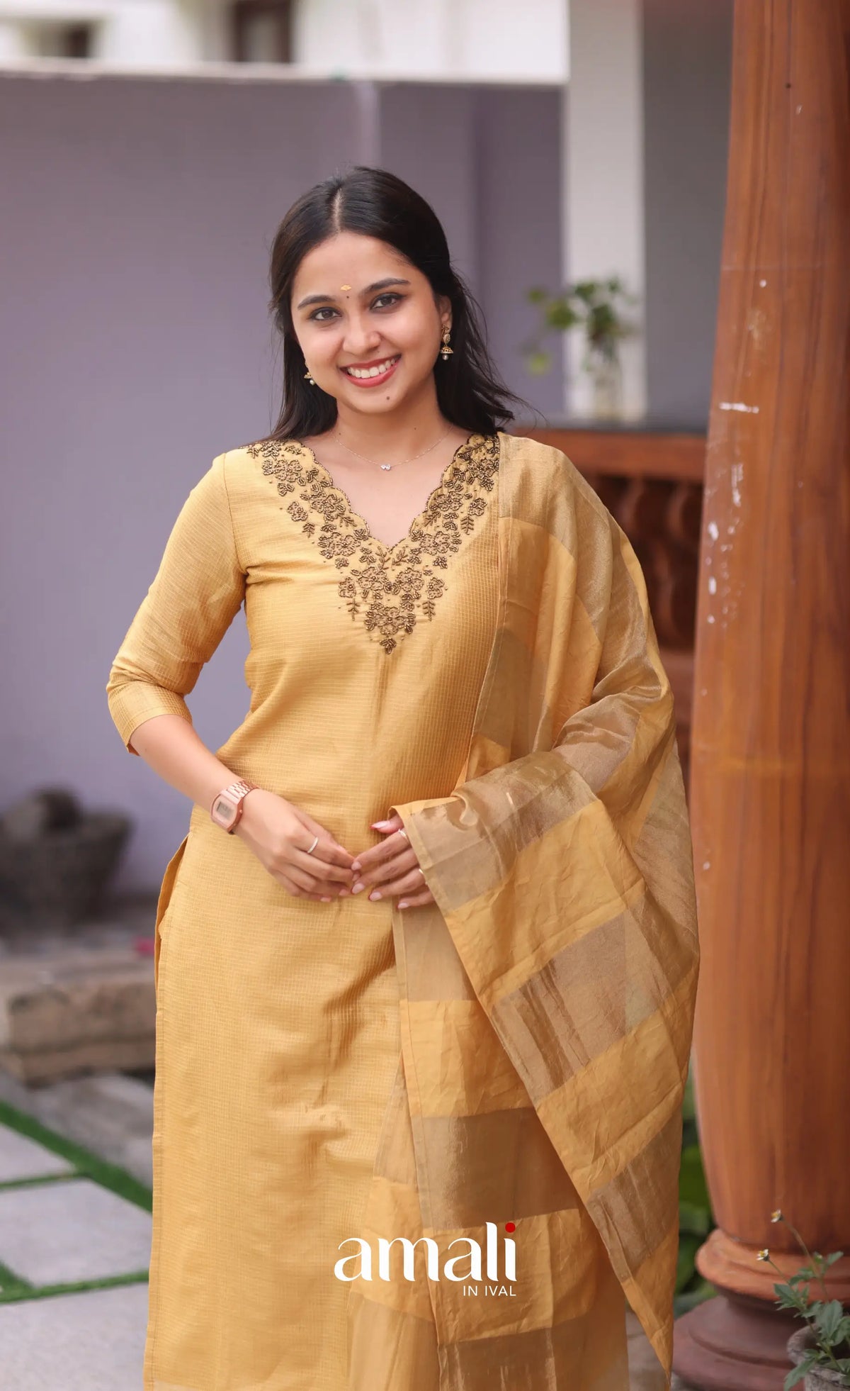 Golden yellow Tissue Blend Salwar Set - salwar
