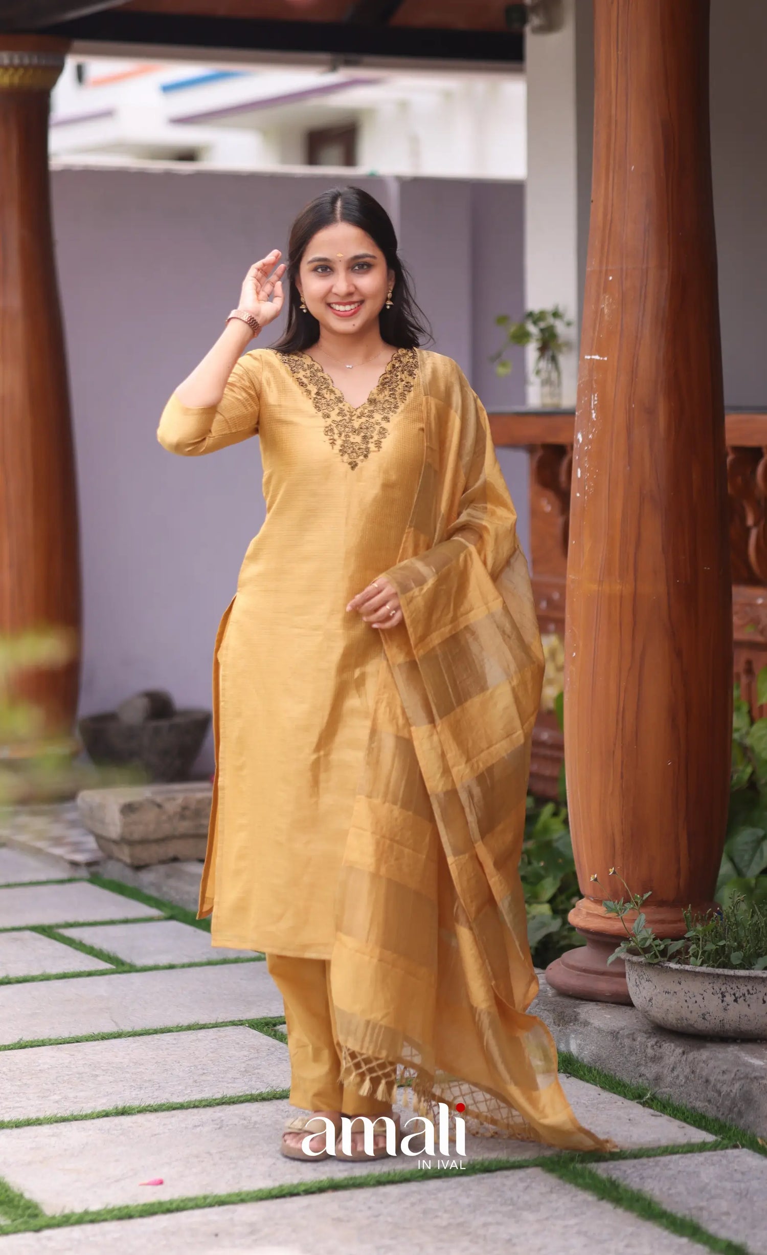 Golden yellow Tissue Blend Salwar Set - salwar