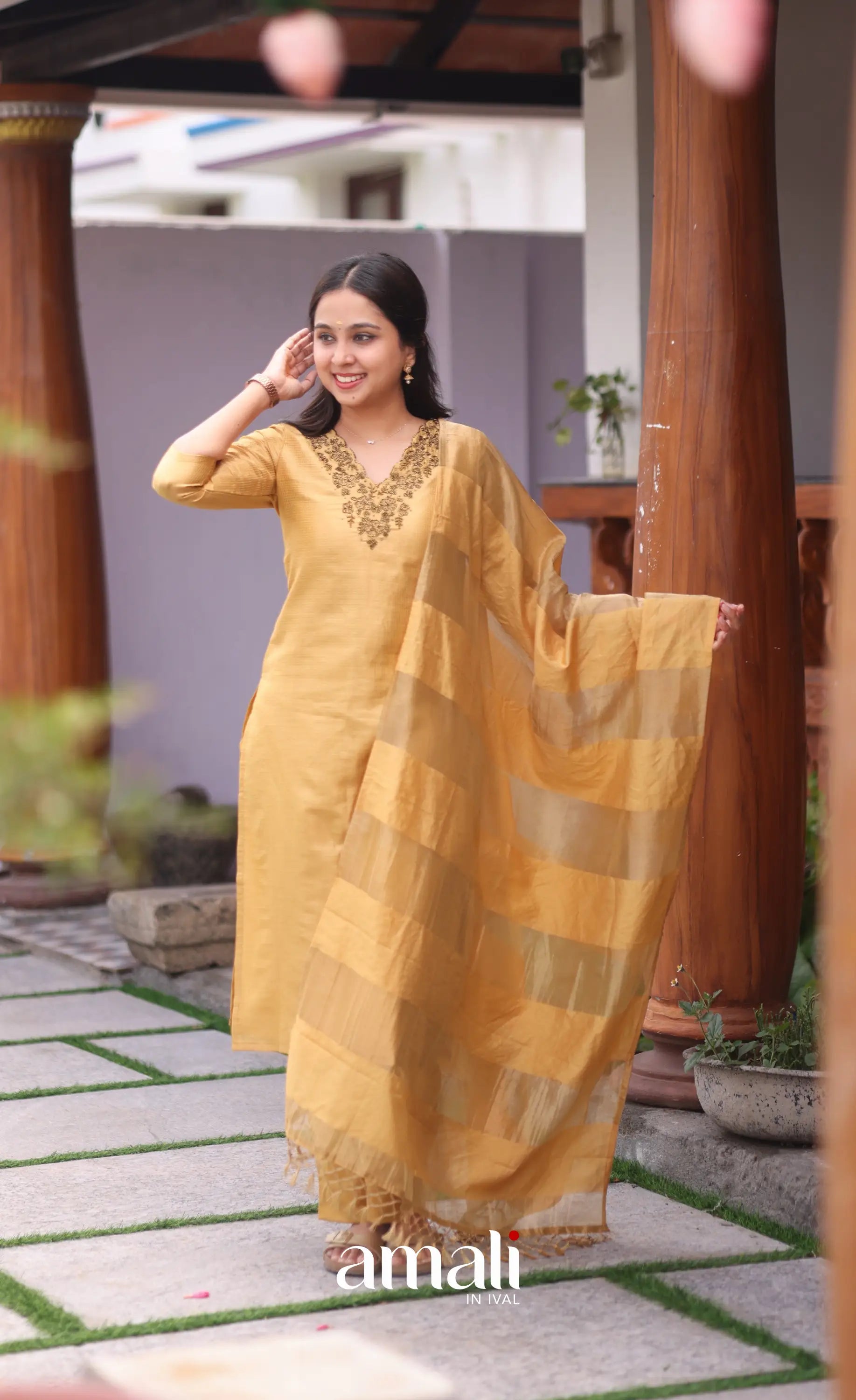 Golden yellow Tissue Blend Salwar Set - salwar