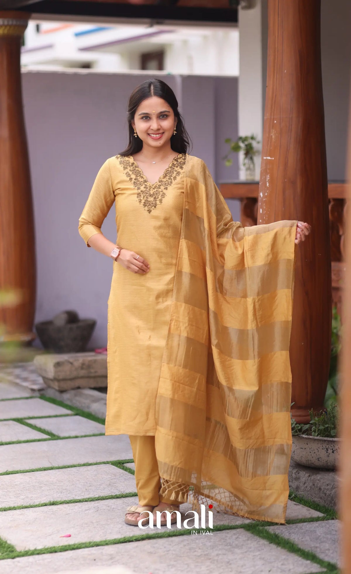 Golden yellow Tissue Blend Salwar Set - salwar