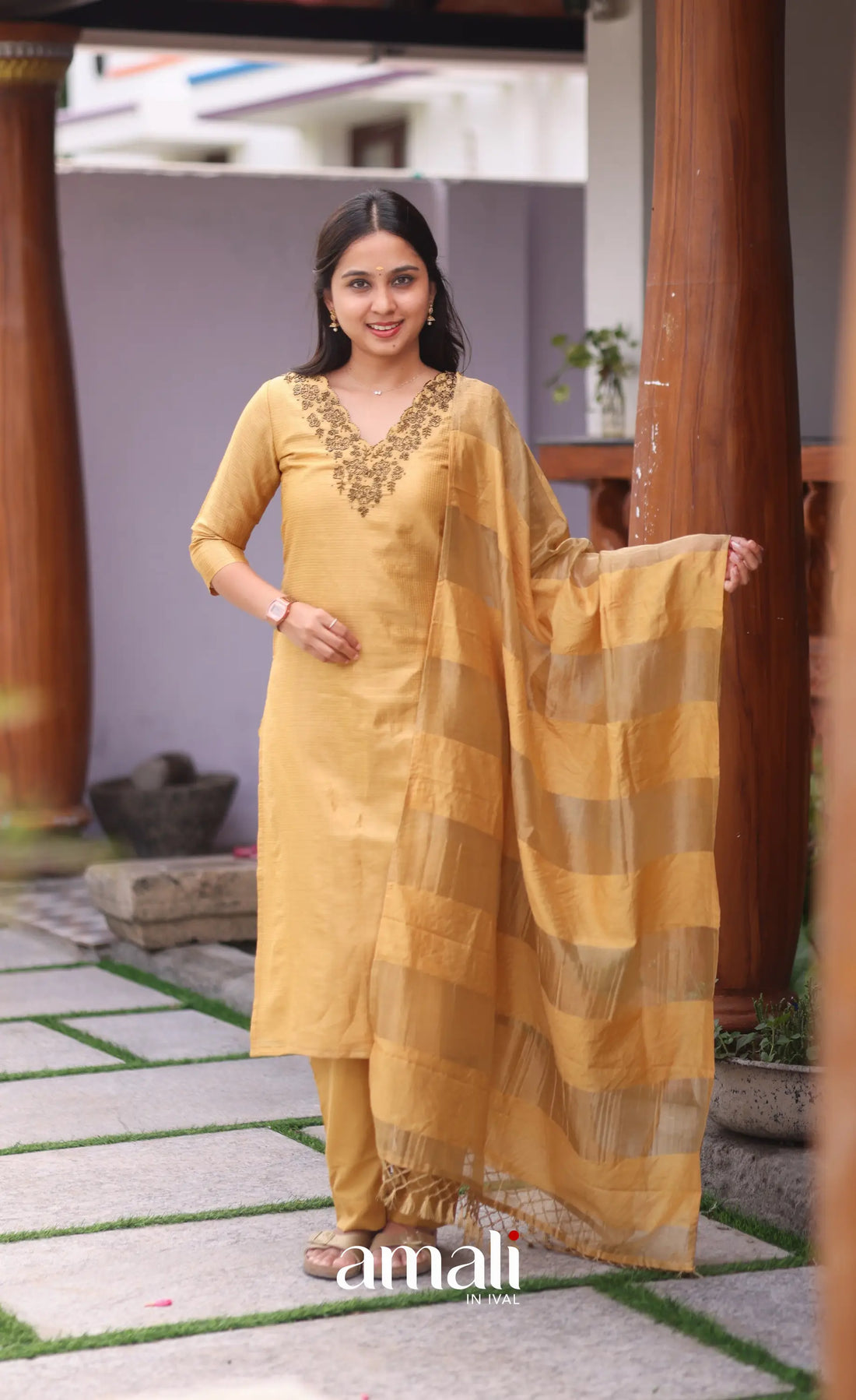 Golden yellow Tissue Blend Salwar Set - salwar
