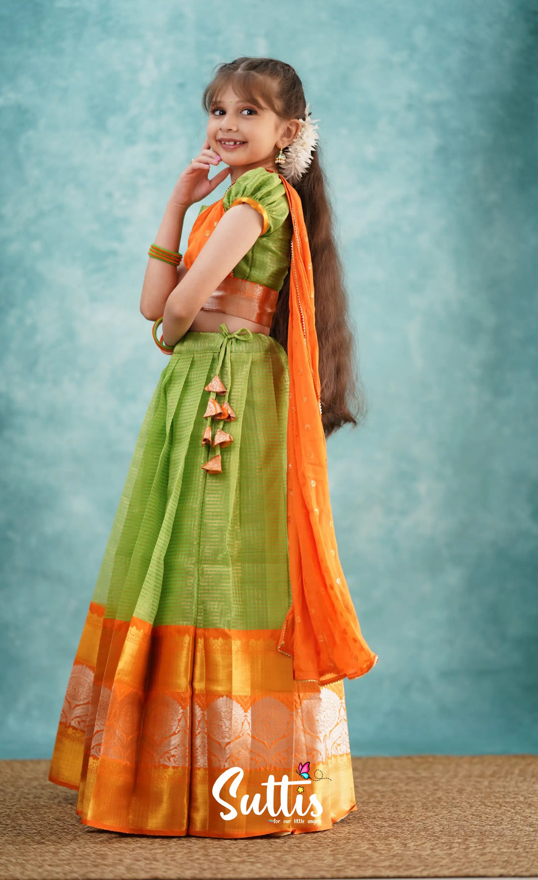 Green Shade And Orange Tone Organza Halfsaree Kids-Suttis