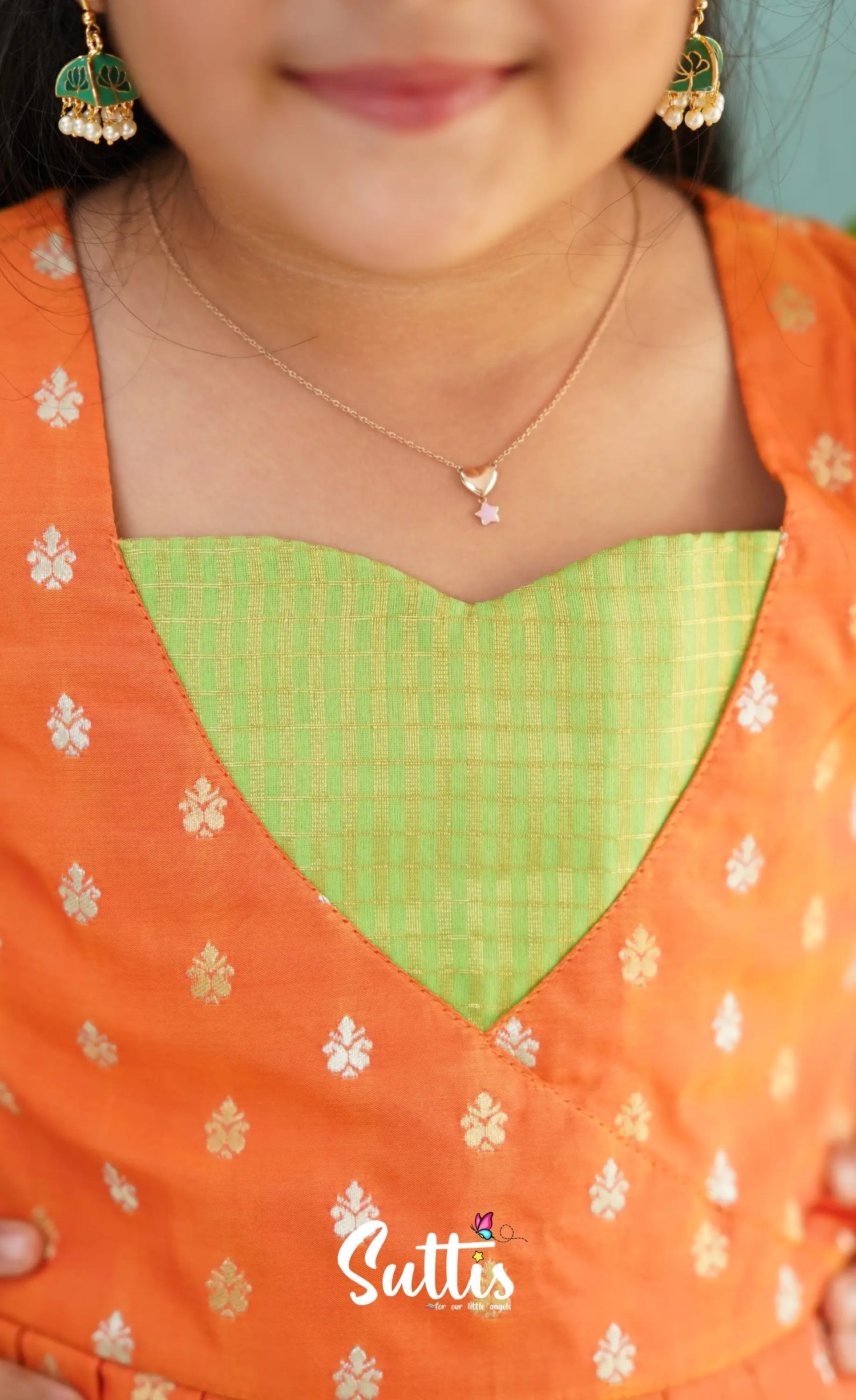 Green Shade And Orange Tone Organza Pavadai Sattai Kids-Suttis