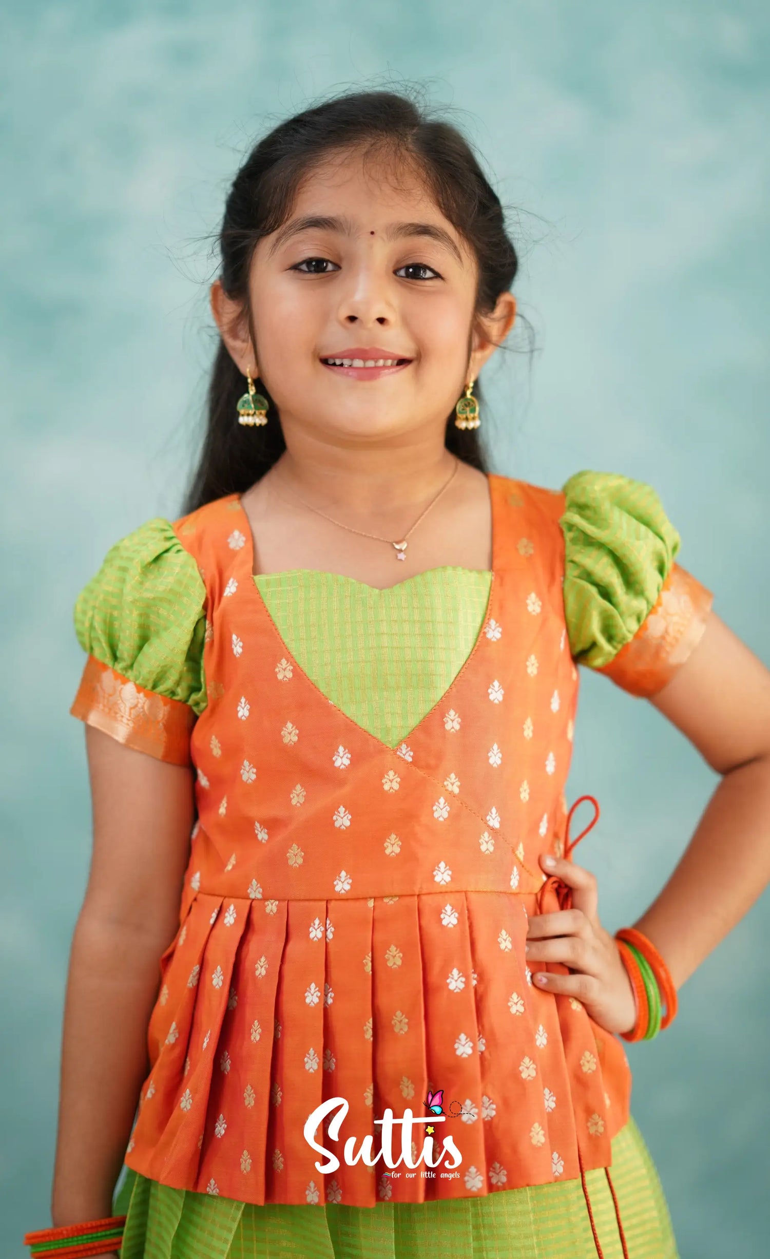 Green Shade And Orange Tone Organza Pavadai Sattai Kids-Suttis