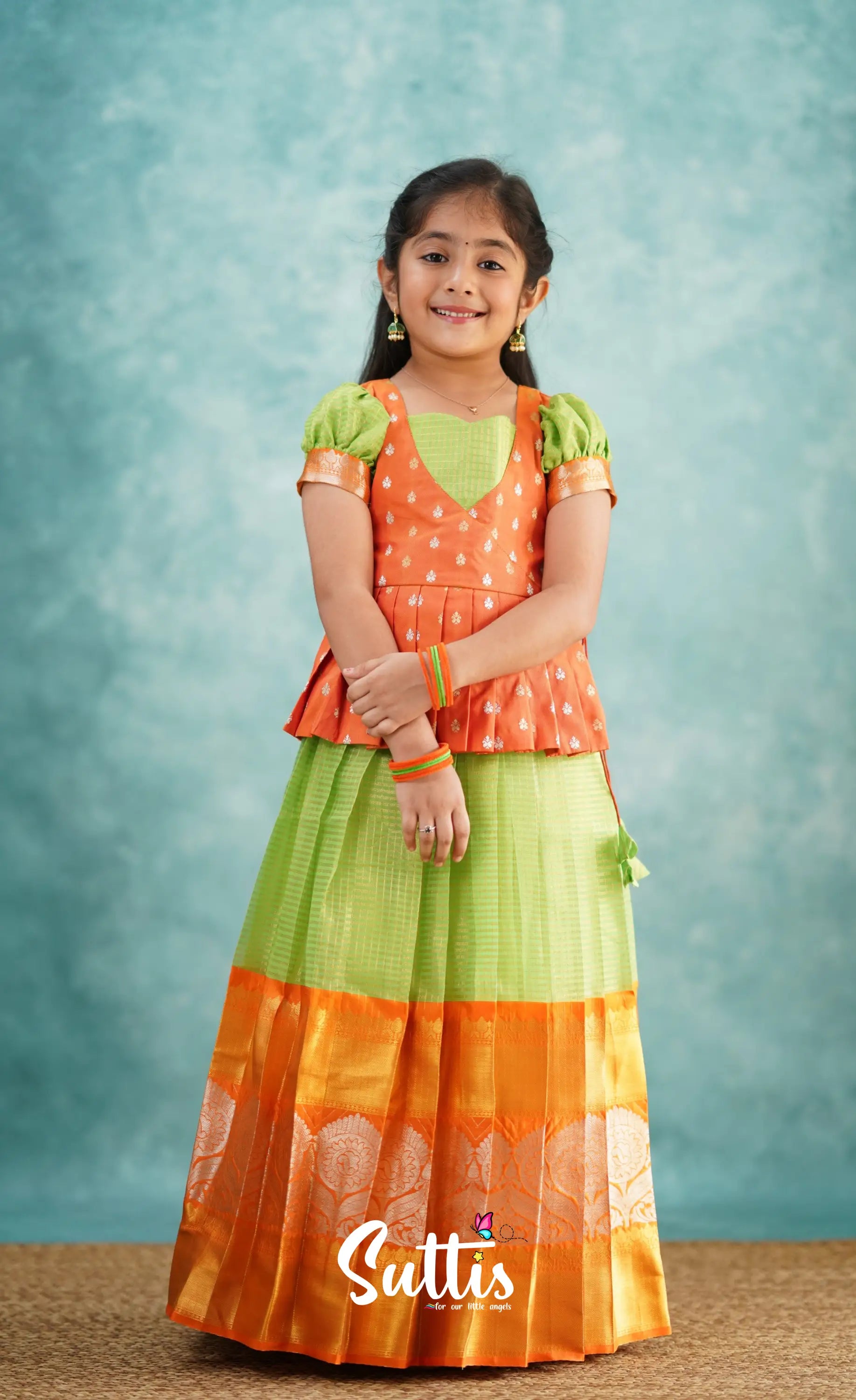 Green Shade And Orange Tone Organza Pavadai Sattai Kids-Suttis