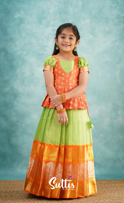 Green Shade And Orange Tone Organza Pavadai Sattai Kids-Suttis