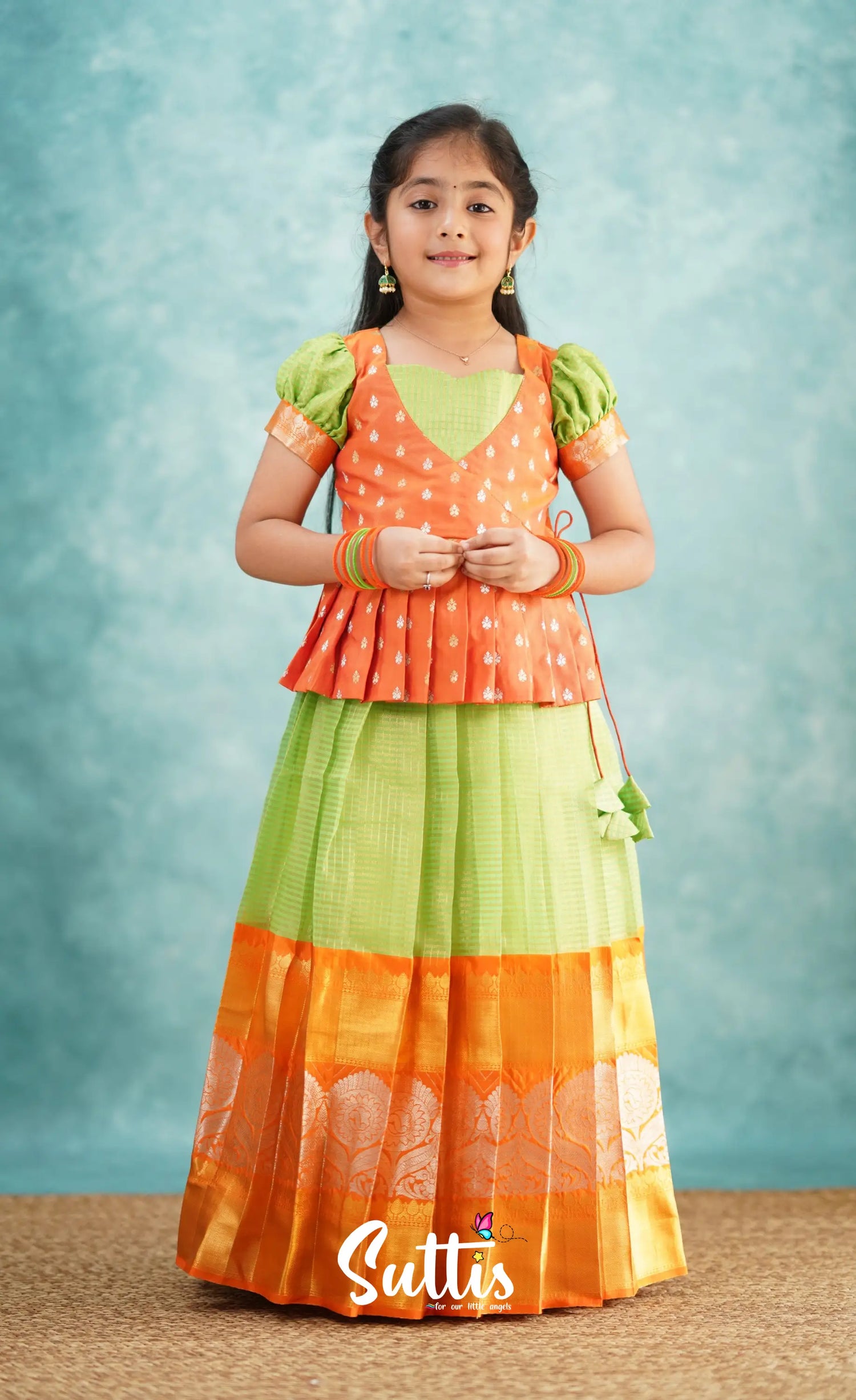 Green Shade And Orange Tone Organza Pavadai Sattai Kids-Suttis