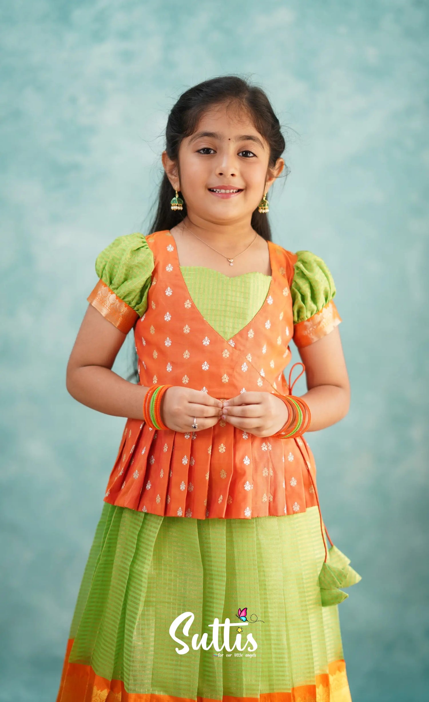 Green Shade And Orange Tone Organza Pavadai Sattai Kids-Suttis