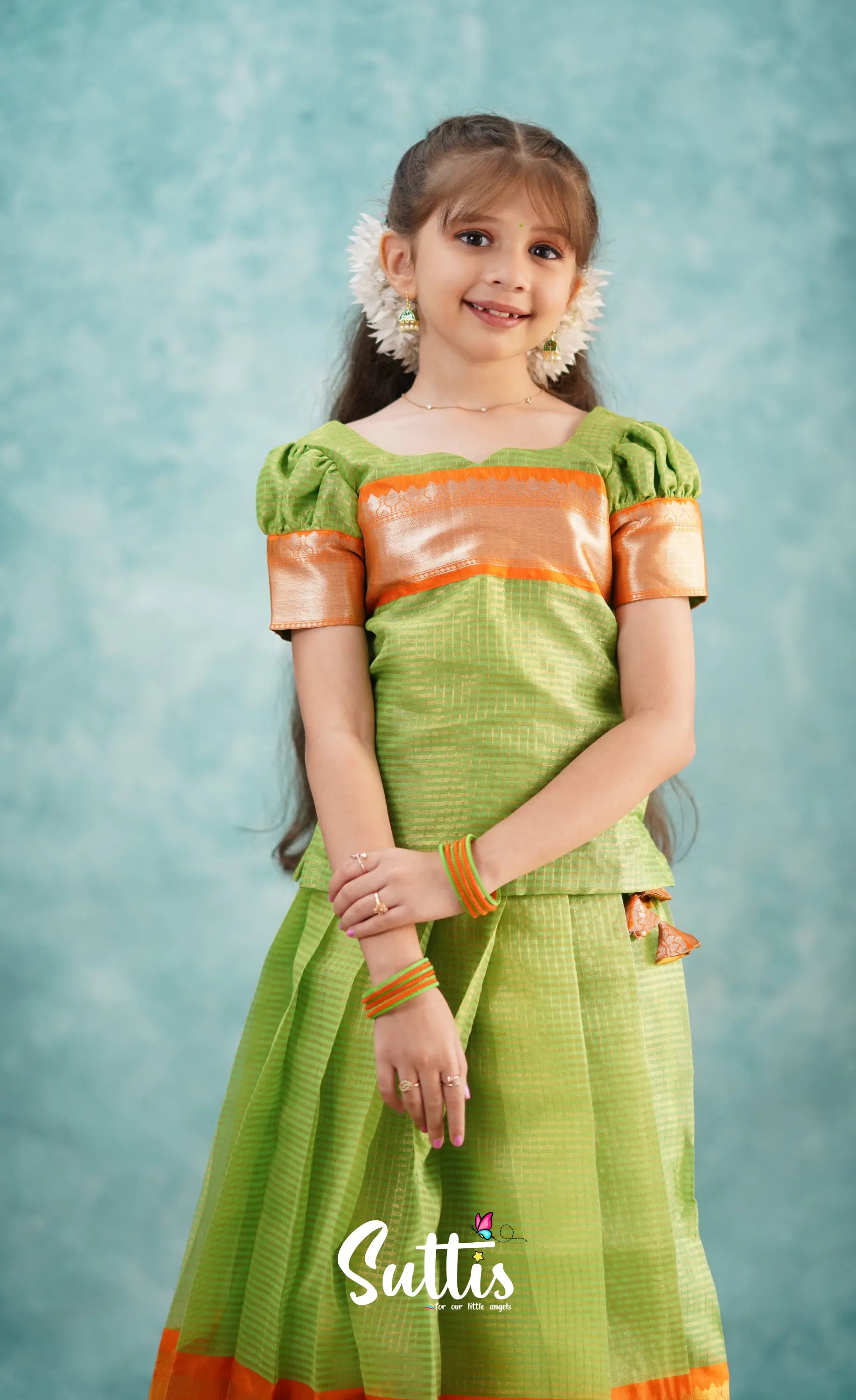 Green Shade And Orange Tone Organza Pavadai Sattai Kids-Suttis