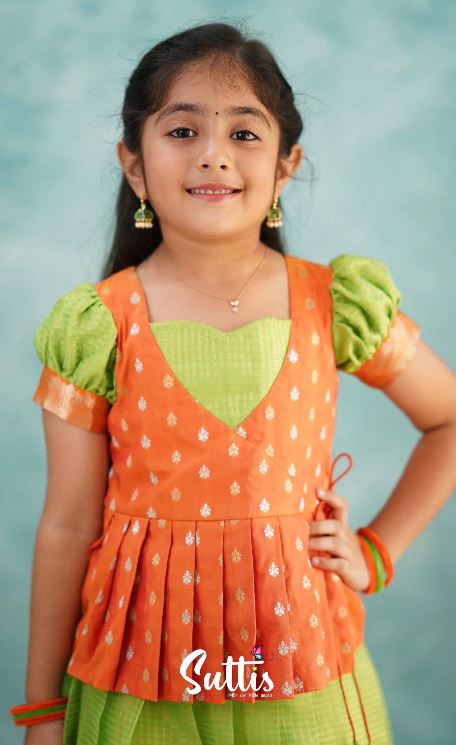 Green Shade And Orange Tone Organza Pavadai Sattai Kids-Suttis