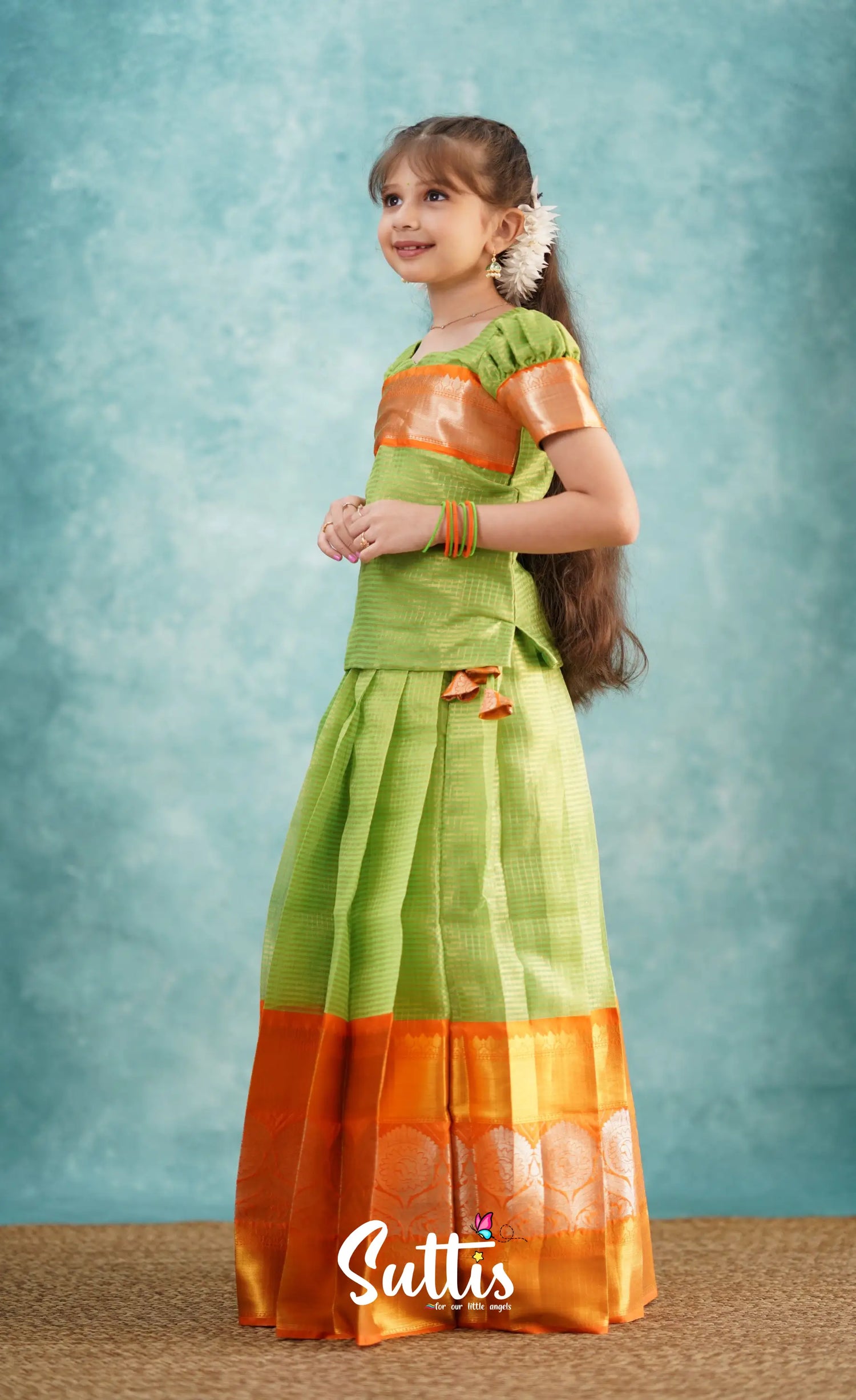 Green Shade And Orange Tone Organza Pavadai Sattai Kids-Suttis