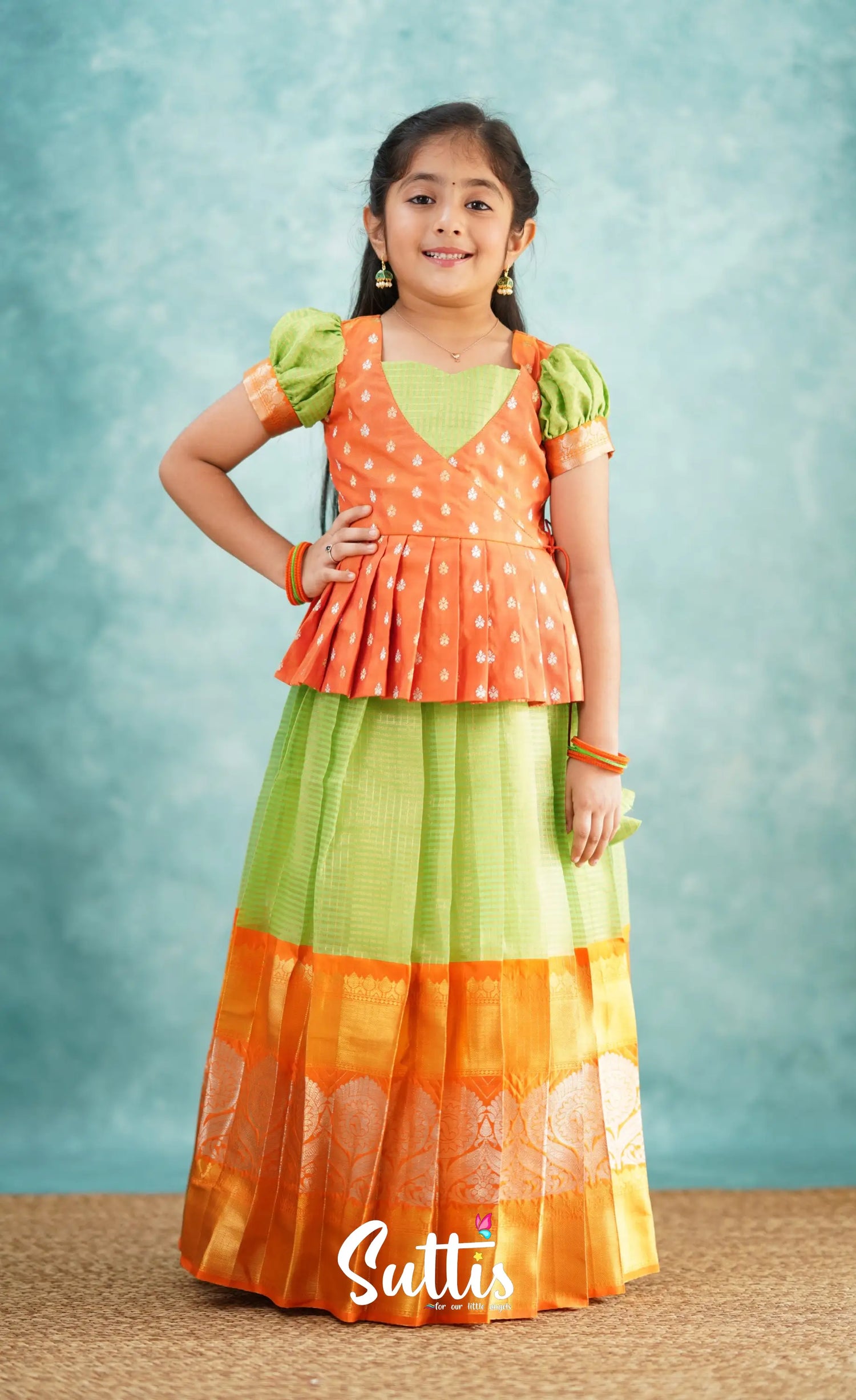 Green Shade And Orange Tone Organza Pavadai Sattai Kids-Suttis
