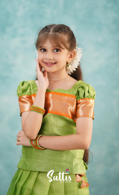 Green Shade And Orange Tone Organza Pavadai Sattai Kids-Suttis