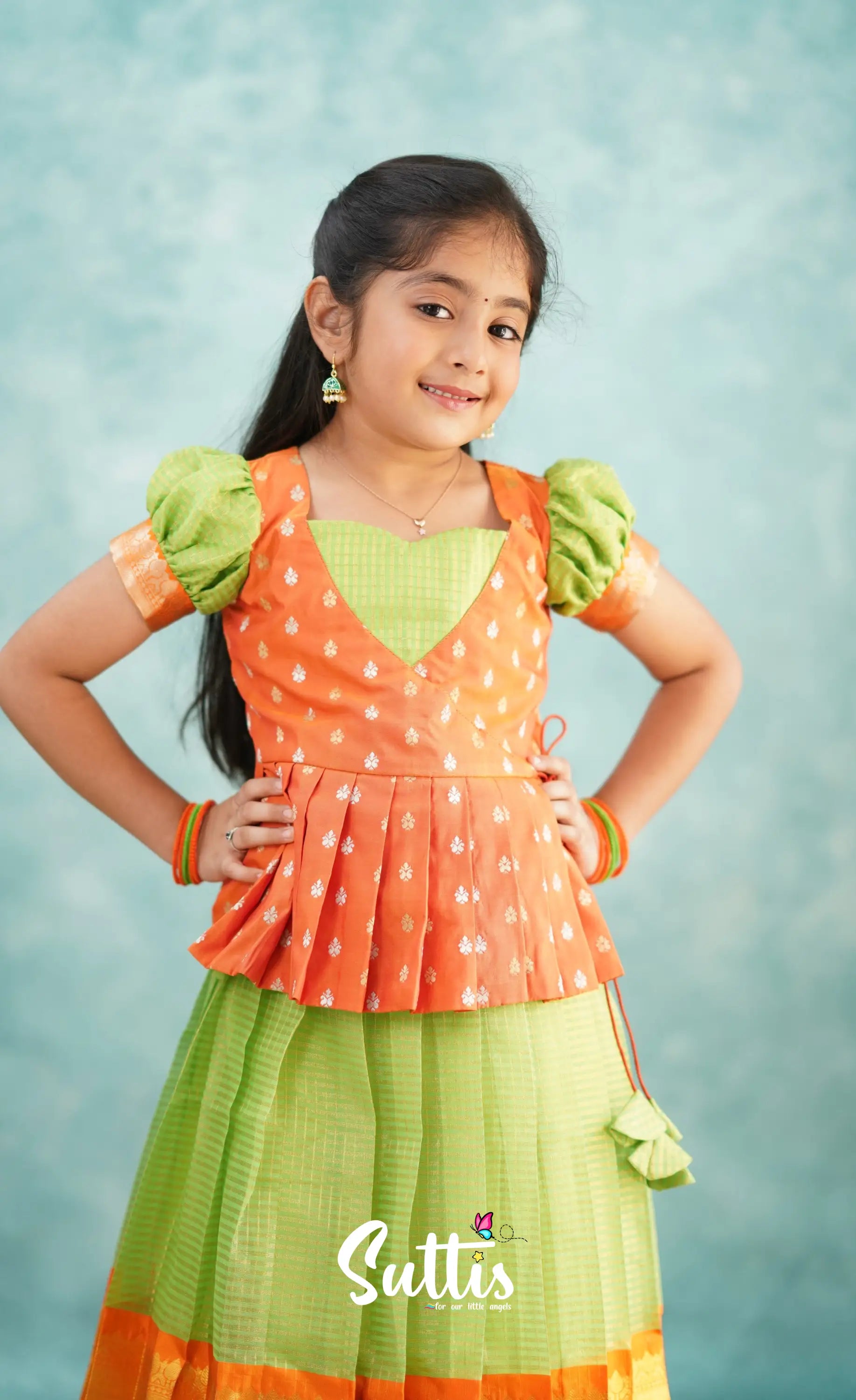 Green Shade And Orange Tone Organza Pavadai Sattai Kids-Suttis