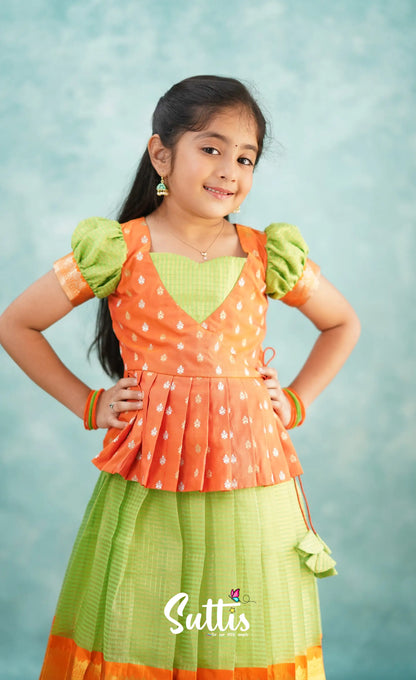 Green Shade And Orange Tone Organza Pavadai Sattai Kids-Suttis